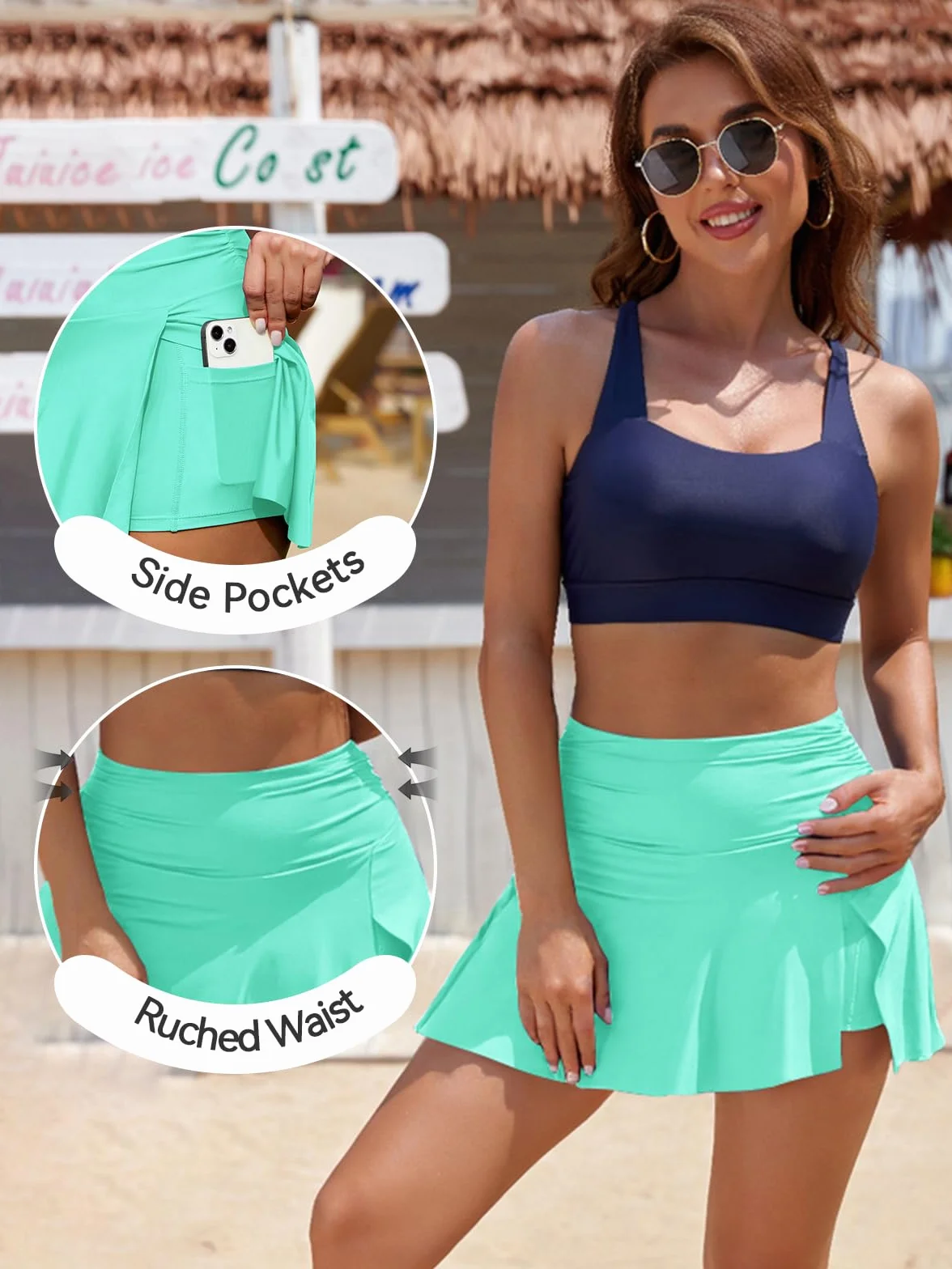 SHEKINI Spódnica kąpielowa damska z szortami, wysoka talia, spodnie bikini, kontrola brzucha, split spódniczka kąpielowa, spódniczka sportowa z kieszenią