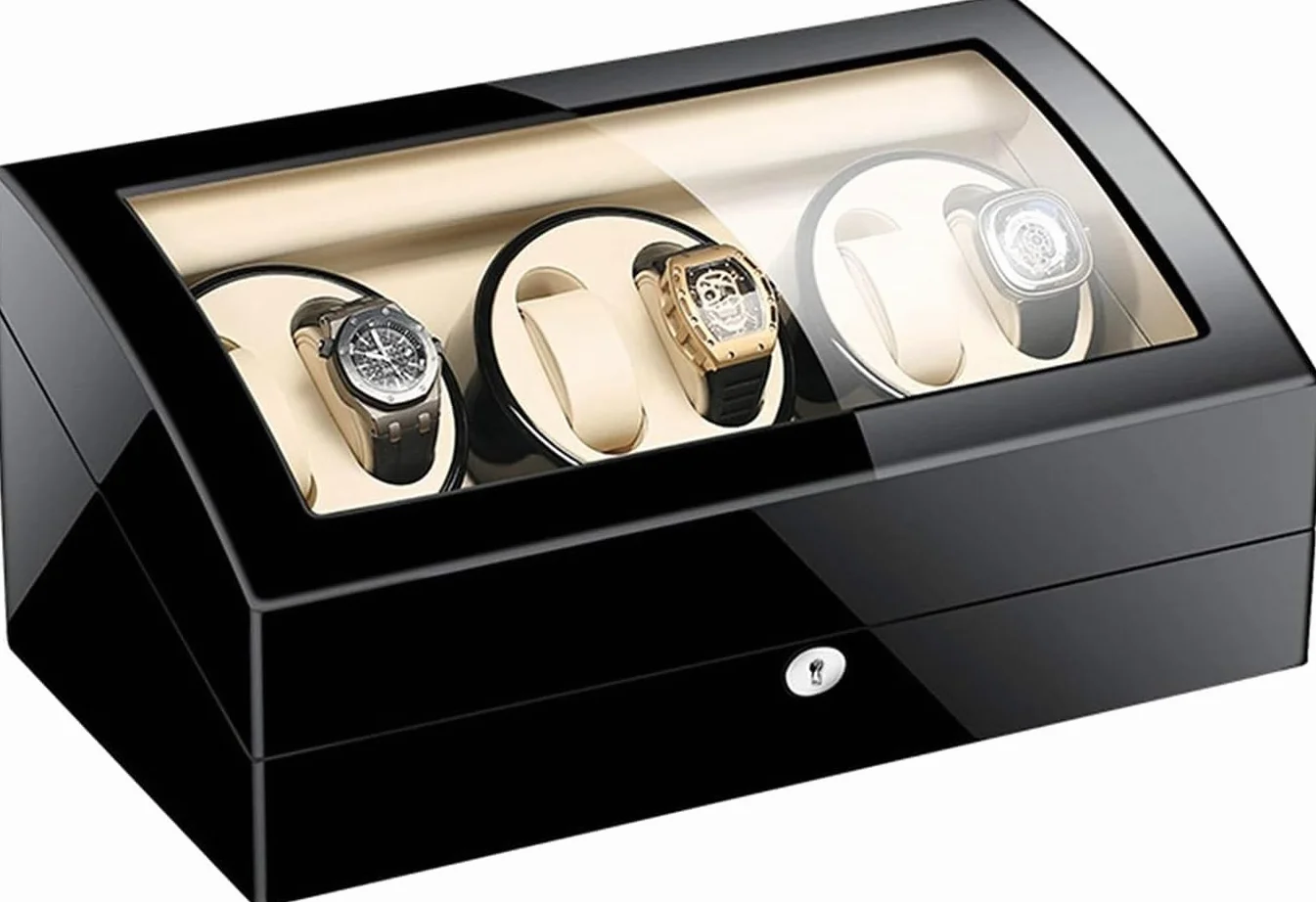 Pudełko na 6 Zegarków Automatycznych i 7 Schowków, Rotomat na 13 Zegarków | Z Lakierem Fortepianowym, Watch Winder z Niebieskim LED, Luksusowa Szkatułka Męska(Black+White)