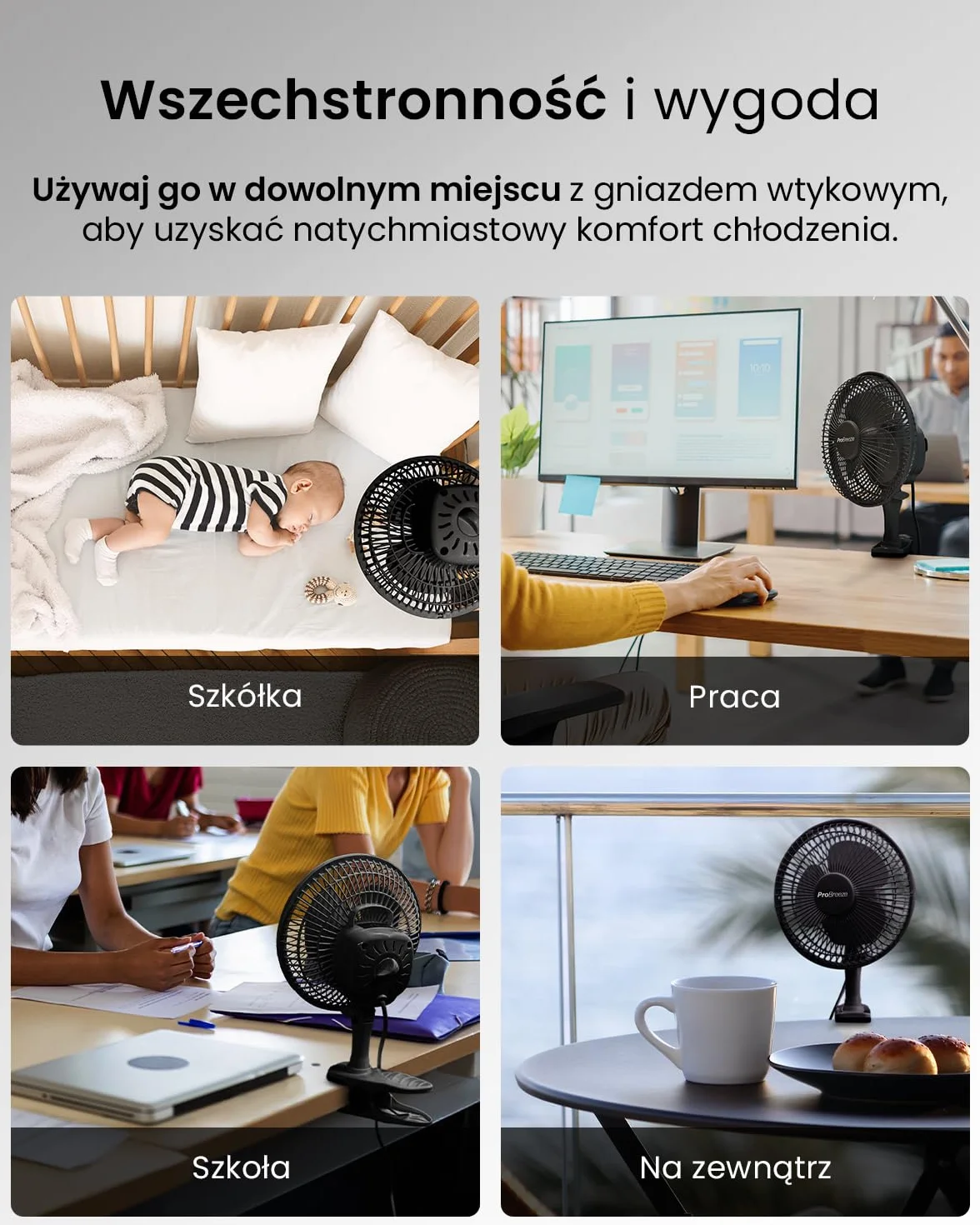 Pro Breeze Mały Wiatrak Wiatraczek z Klamrą, Biurowy Wentylator z Klipsem, Średnica 15 cm, 15 Watt, Czarny
