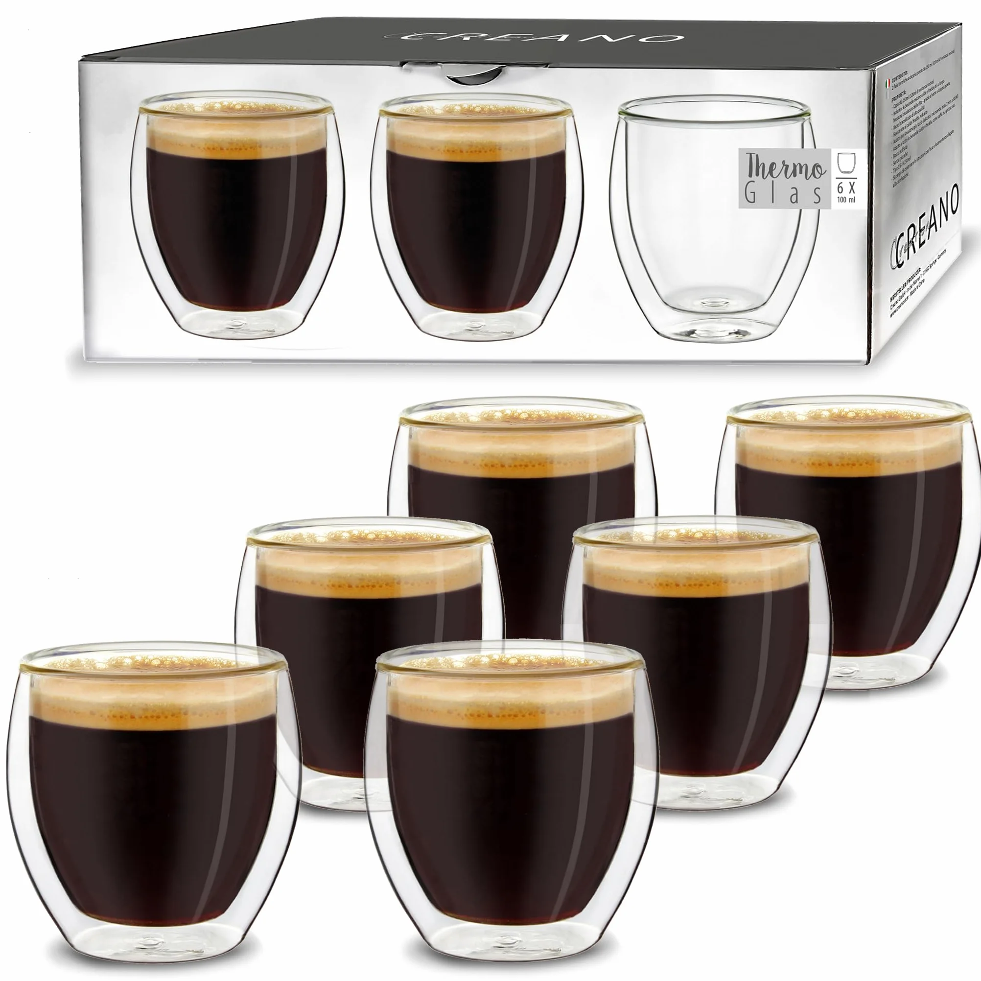 Creano Szklanki do espresso o podwójnych ściankach, zestaw 6 filiżanek 100 ml, szklanki termiczne z efektem unoszenia się