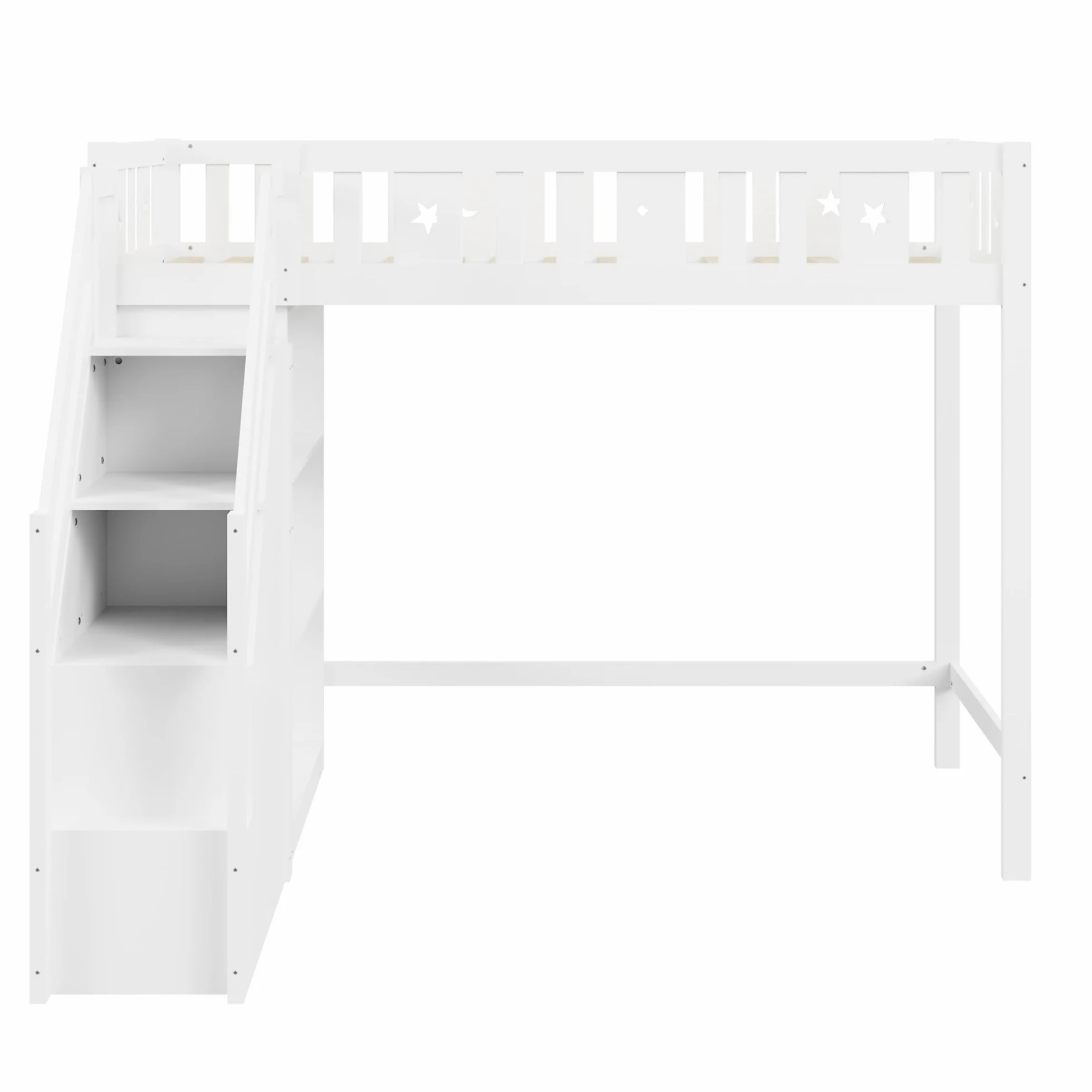 Łóżko piętrowe 90x200 cm z drabinką i półkami, białe, drewniane