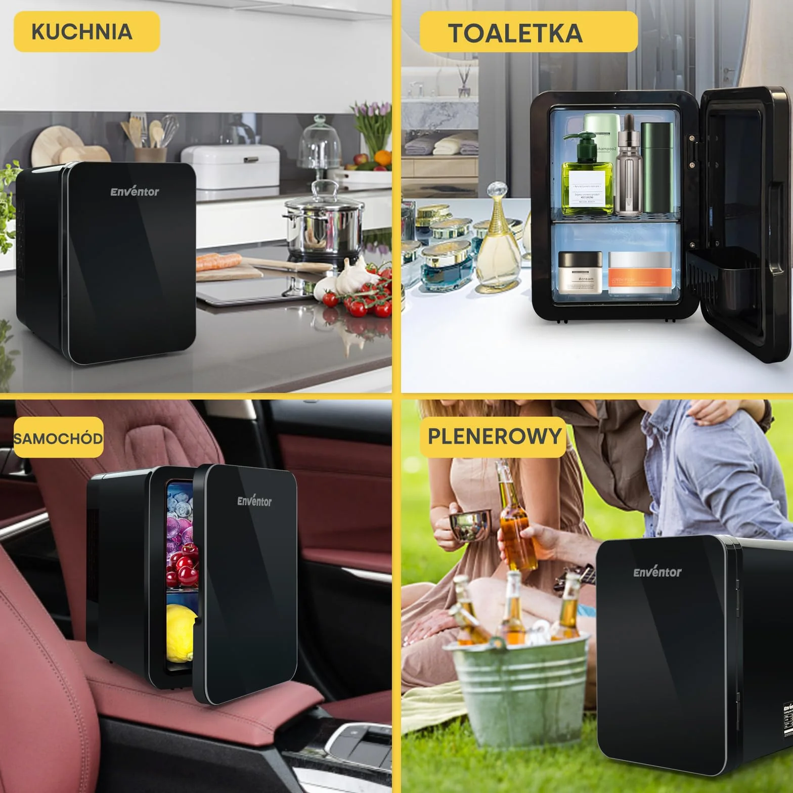 Enventor Mini Lodówka 4 litry, 6 puszek, AC+12V DC, przenośna, czarna