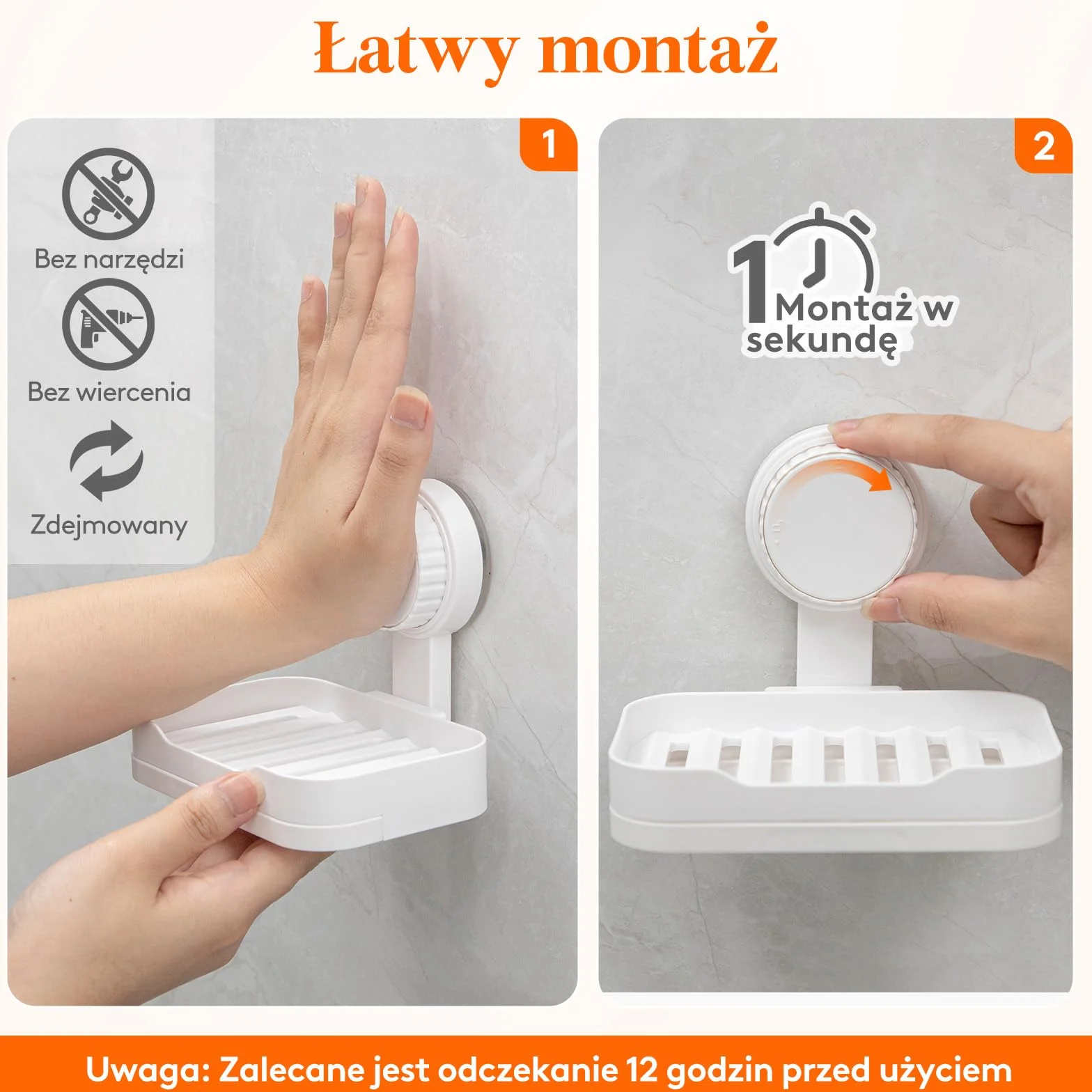 Lifewit Mydelniczka z przyssawką do prysznica z odpływem, plastikowa, zdejmowany uchwyt na mydło, montaż na ścianie