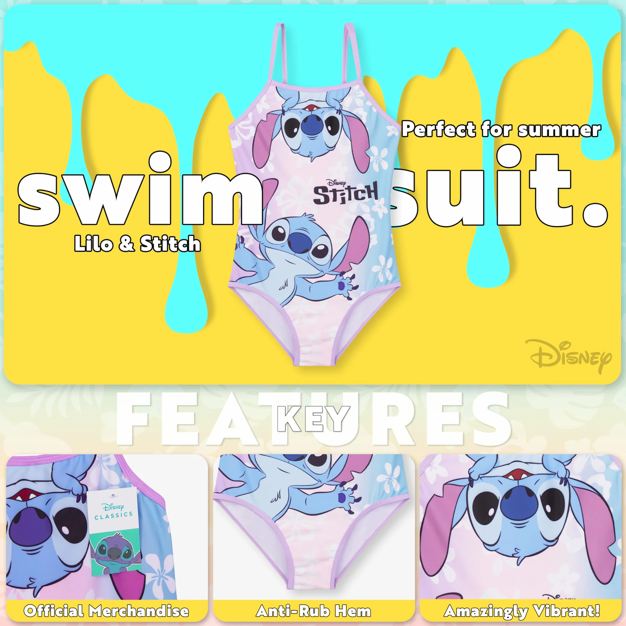 Disney Jednoczęściowy elastyczny stitch dziewczęcy strój kąpielowy, szybkoschnący, na plażę i basen