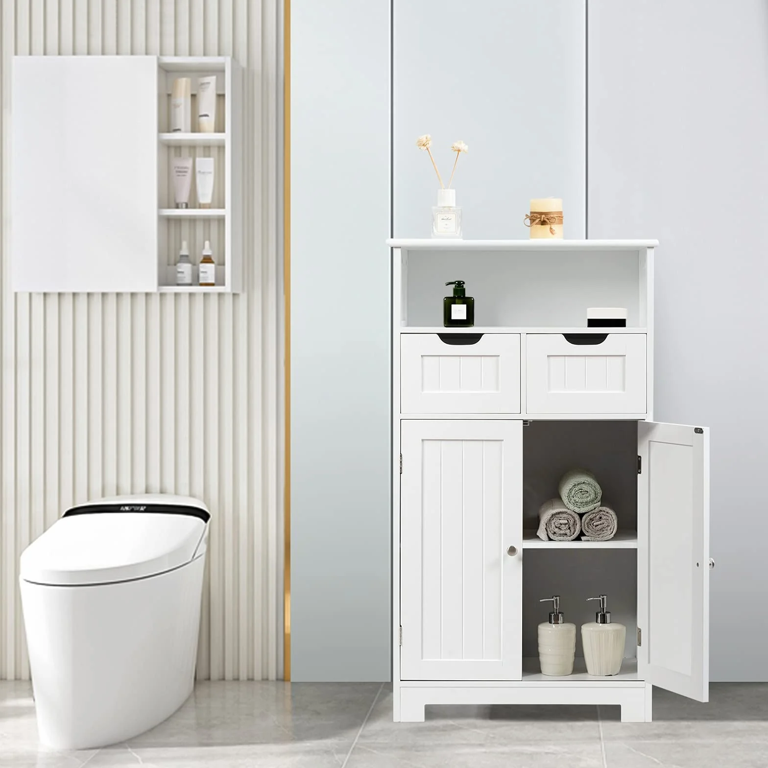 KOMFOTTEU Szafka łazienkowa 2 szuflady 2 szafki drzwiowe 60x30x109 cm MDF wolnostojąca biała