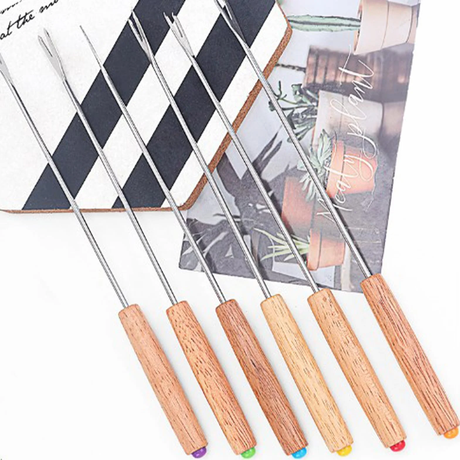 Widelce do fondue ze stali nierdzewnej 24 cm drewno dębowe