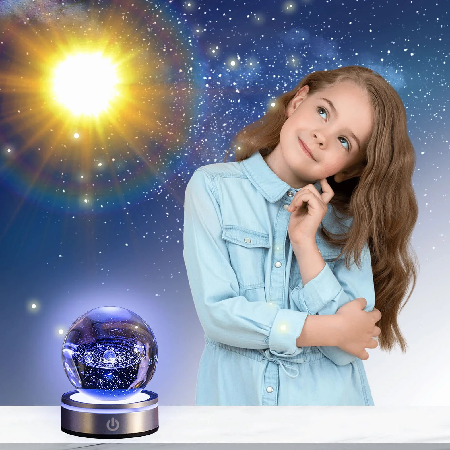 GAESHOW Szklana kula 3D Układ Słoneczny 8cm z podstawą lampy LED