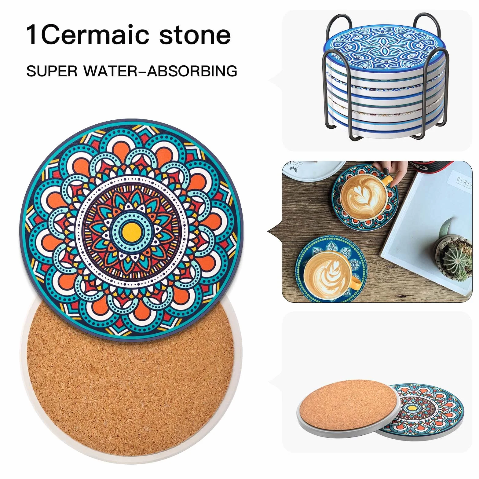 Zestaw 8 podstawek pod napoje, chłonne, ceramiczne, z metalowym uchwytem, 10 cm wzór mandali, wazony, świece, prezent na parapetówkę na urodziny, do kuchni, salonu