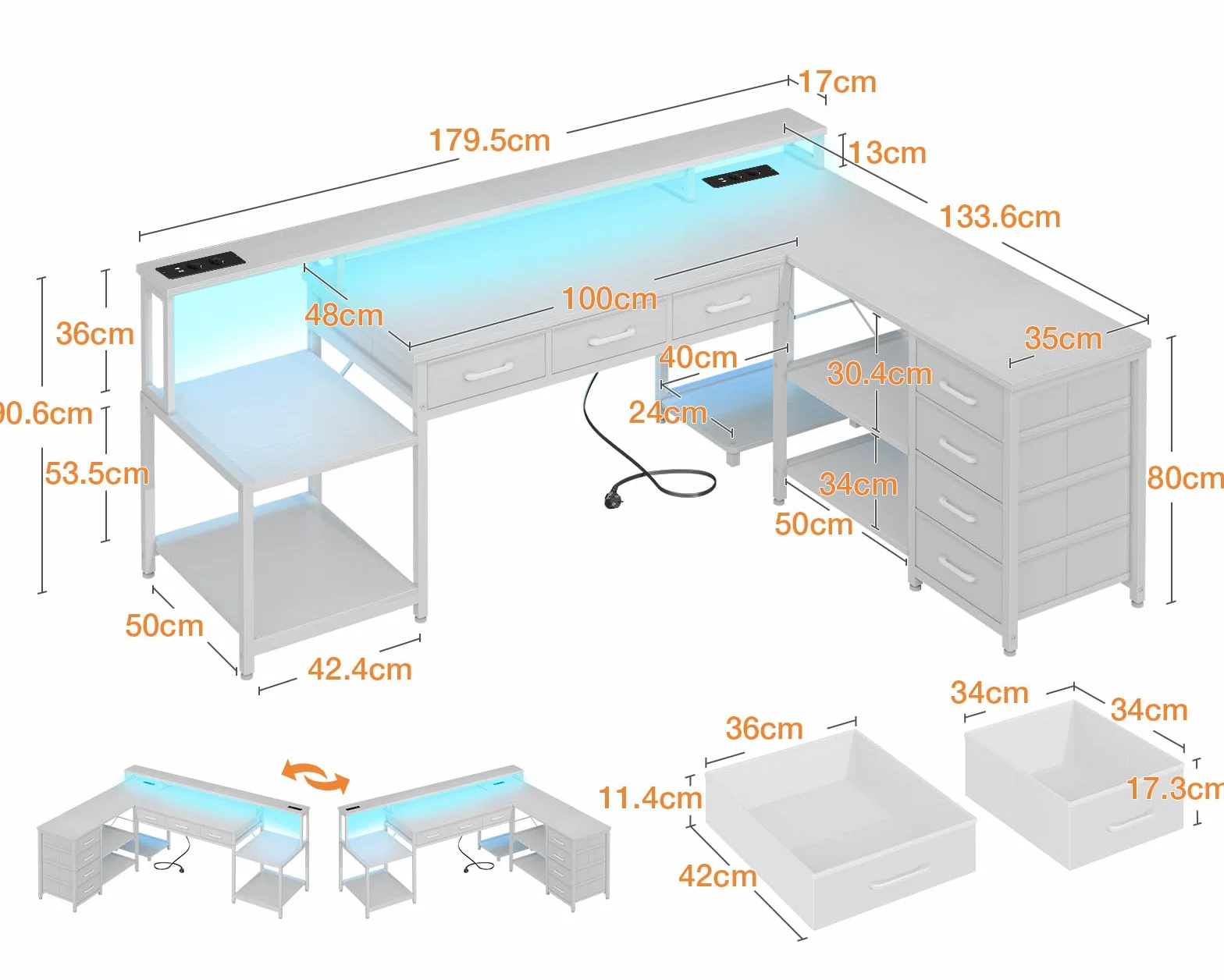 Coleshome Biurko Gamingowe ze Światłem RGB, 179.5×135.5cm Narożne z 7 Szufladami, Reversyjne w Kształcie L z 2 Gniazdami, biały
