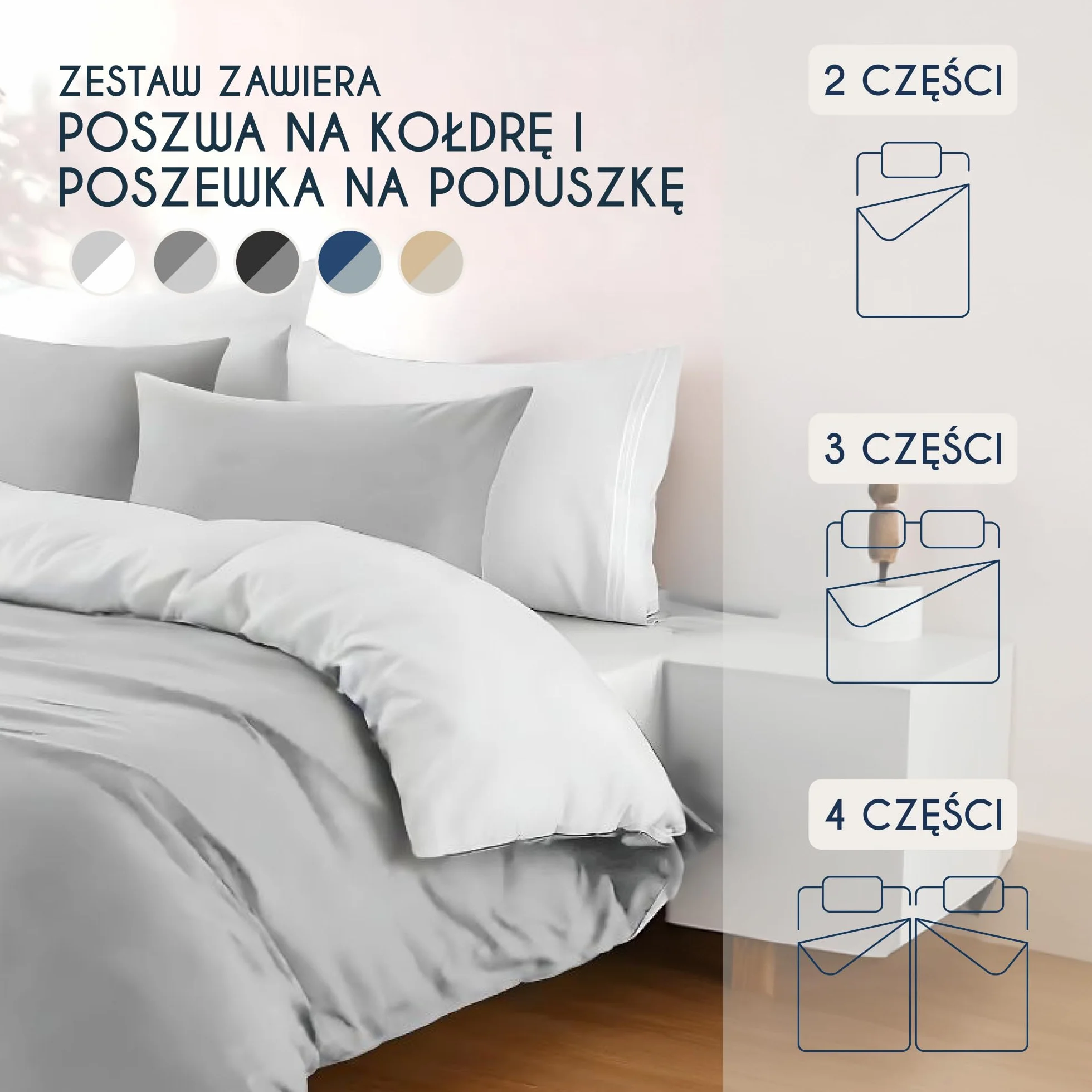 Zestaw pościeli 200x200 cm z mikrofibry Oeko TEX 3 sztuki Jasnoszary/Biały