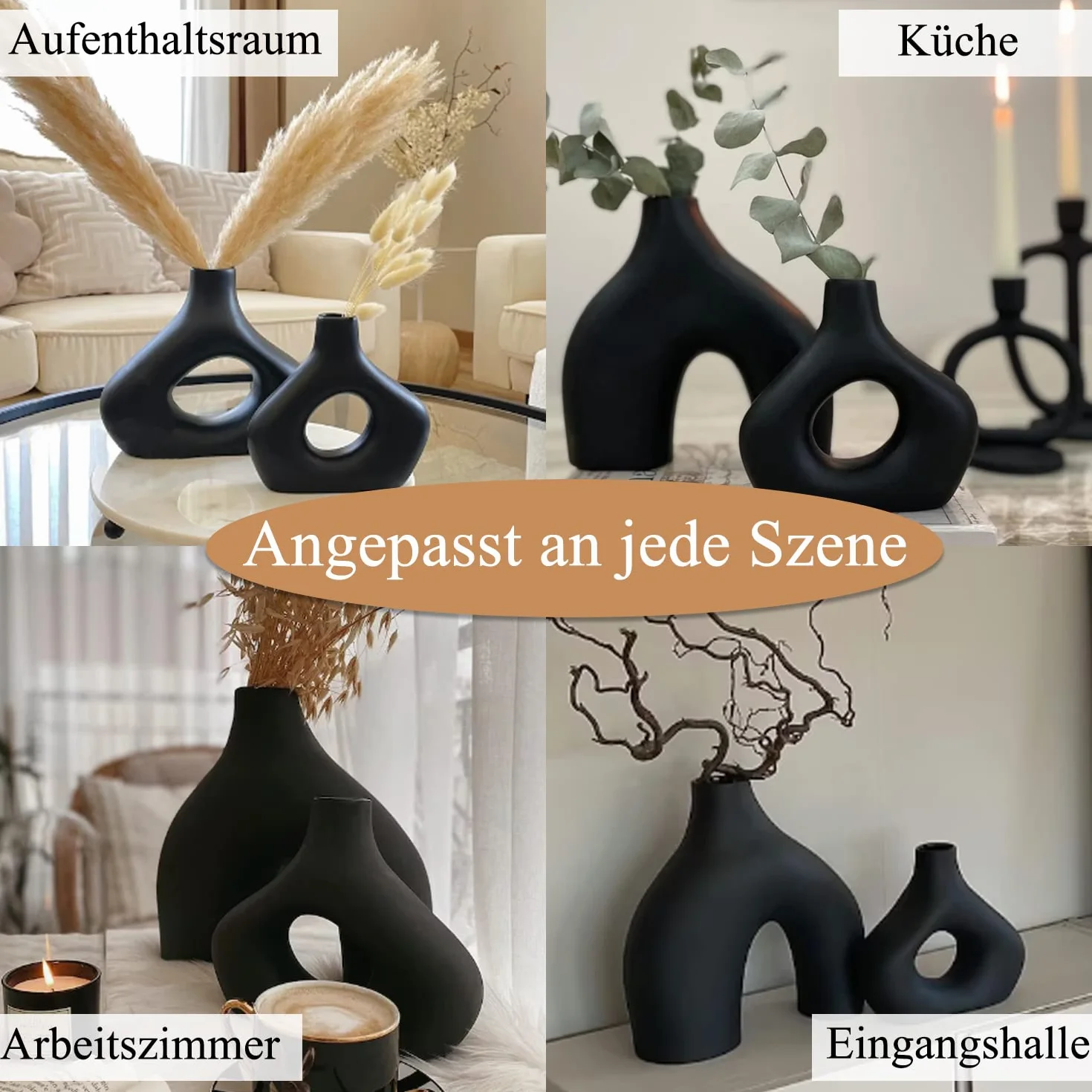 CEMABT Czarny Wazon Ceramiczny, 2-Częściowy Zestaw Podwójnych Wazonów do Nowoczesnego Stylu Boho i Nordyckiego Minimalizmu, Salonu, Wesela, Kolacji, Imprezy, Biura i Sypialni