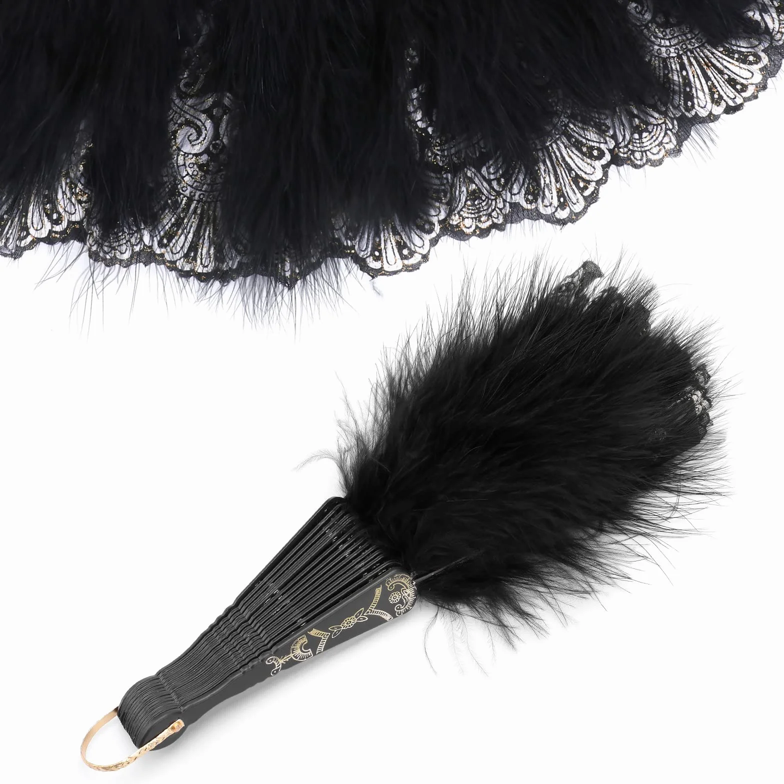 Mwoot Embroidered Flower Marabou Fan, lata 20-te Vintage Styl Folding Handheld Feather Fan, Fan Flapper Ręka do kostiumu Halloween Taniec Ślubna Impreza Prom Tea Party - Czarny
