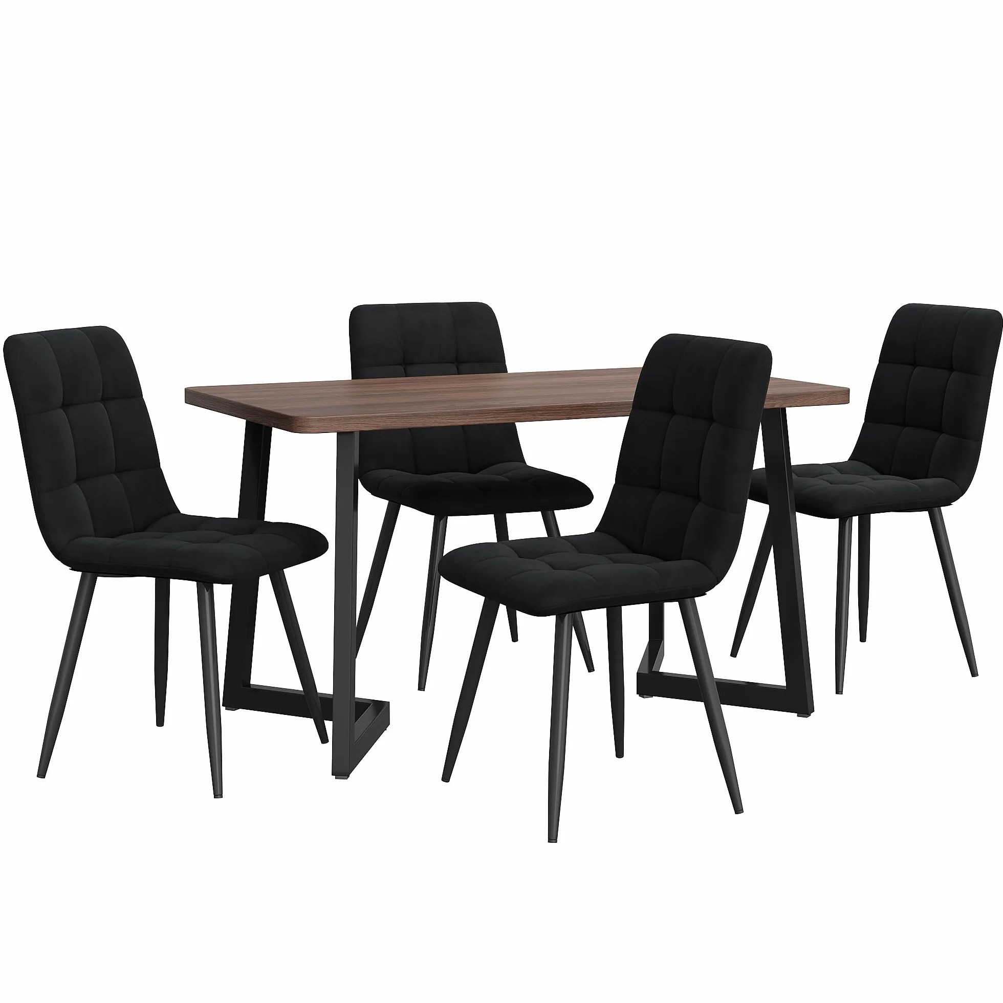 Zestaw do jadalni 5-częściowy: nowoczesny stół do jadalni z 4 aksamitnymi krzesłami, blat z płyty MDF, czarne metalowe nogi, ergonomiczny design, idealny do jadalni i kuchni, elegancki komfort.