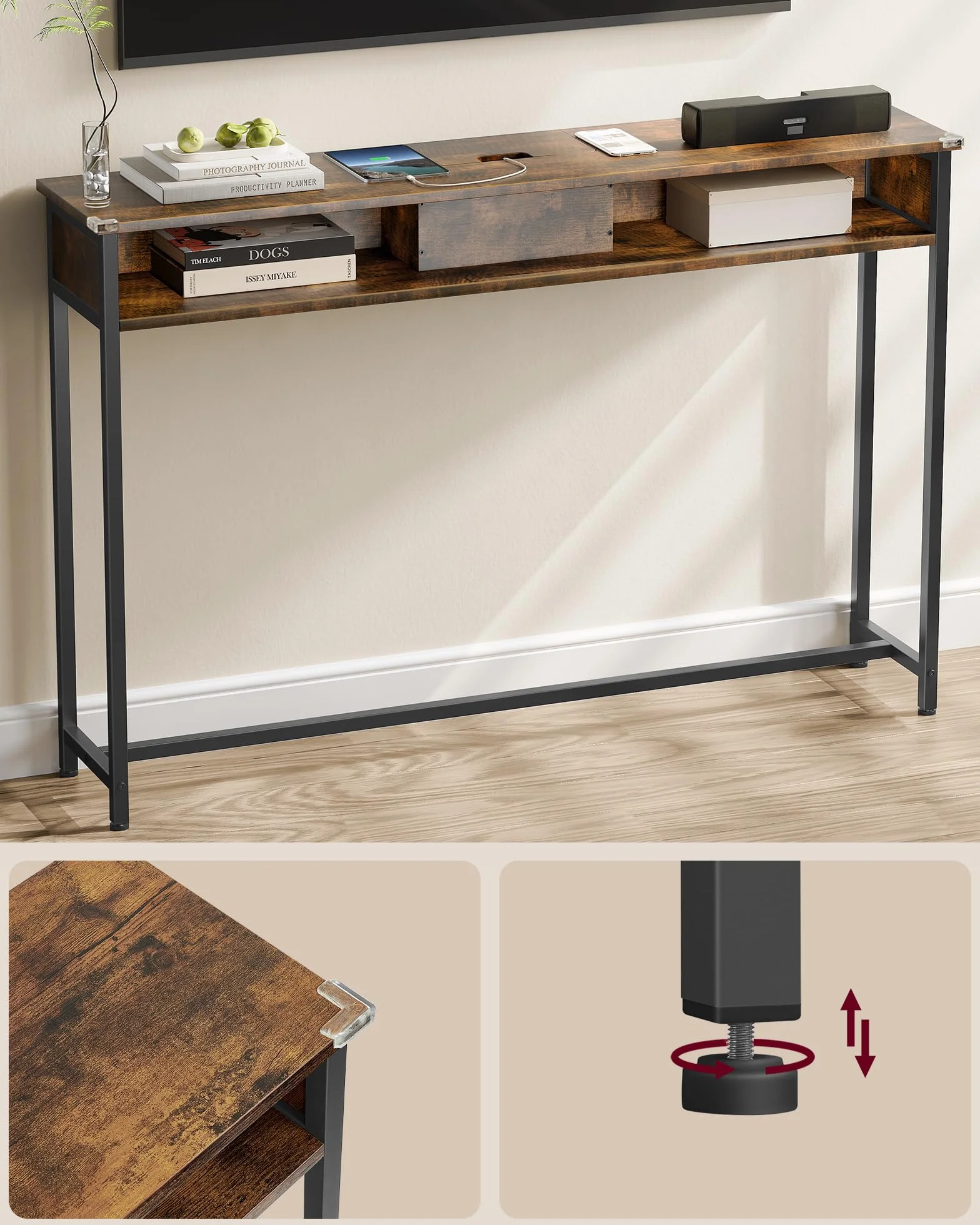 VASAGLE LNT111K01 konsola z gniazdami wąska 25 x 120 x 81 cm brązowo-atramentowa