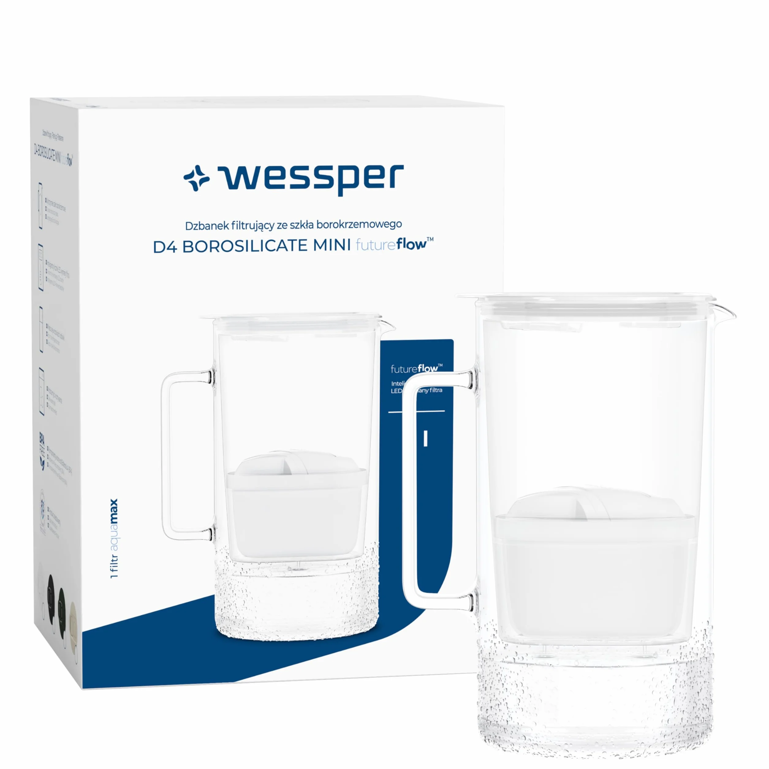 Dzbanek filtrujący do wody Wessper ze szkła 2 l, bez BPA Karafka na wodę z inteligentnym licznikiem filtrów, w zestawie 1 wkład filtrujący z węglem aktywnym do redukcji wapnia i chloru- Biały