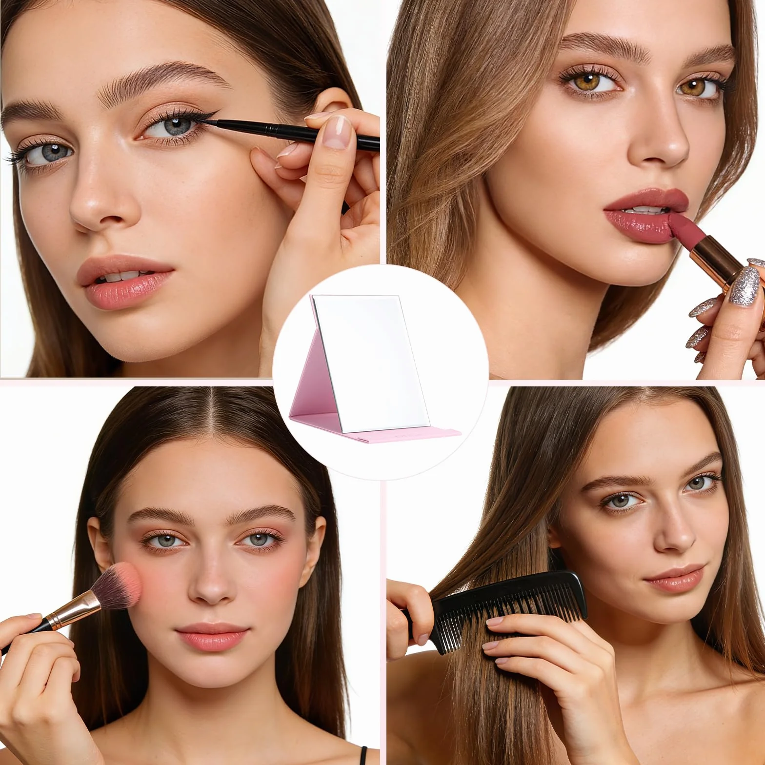 Lusterko podróżne DUcare Lusterko do makijażu Składane lusterko ze skórzaną osłoną PU Kompaktowe lusterko Super HD na biurko, biuro, dom, kemping, podróże (20 x 15 cm-różowy)