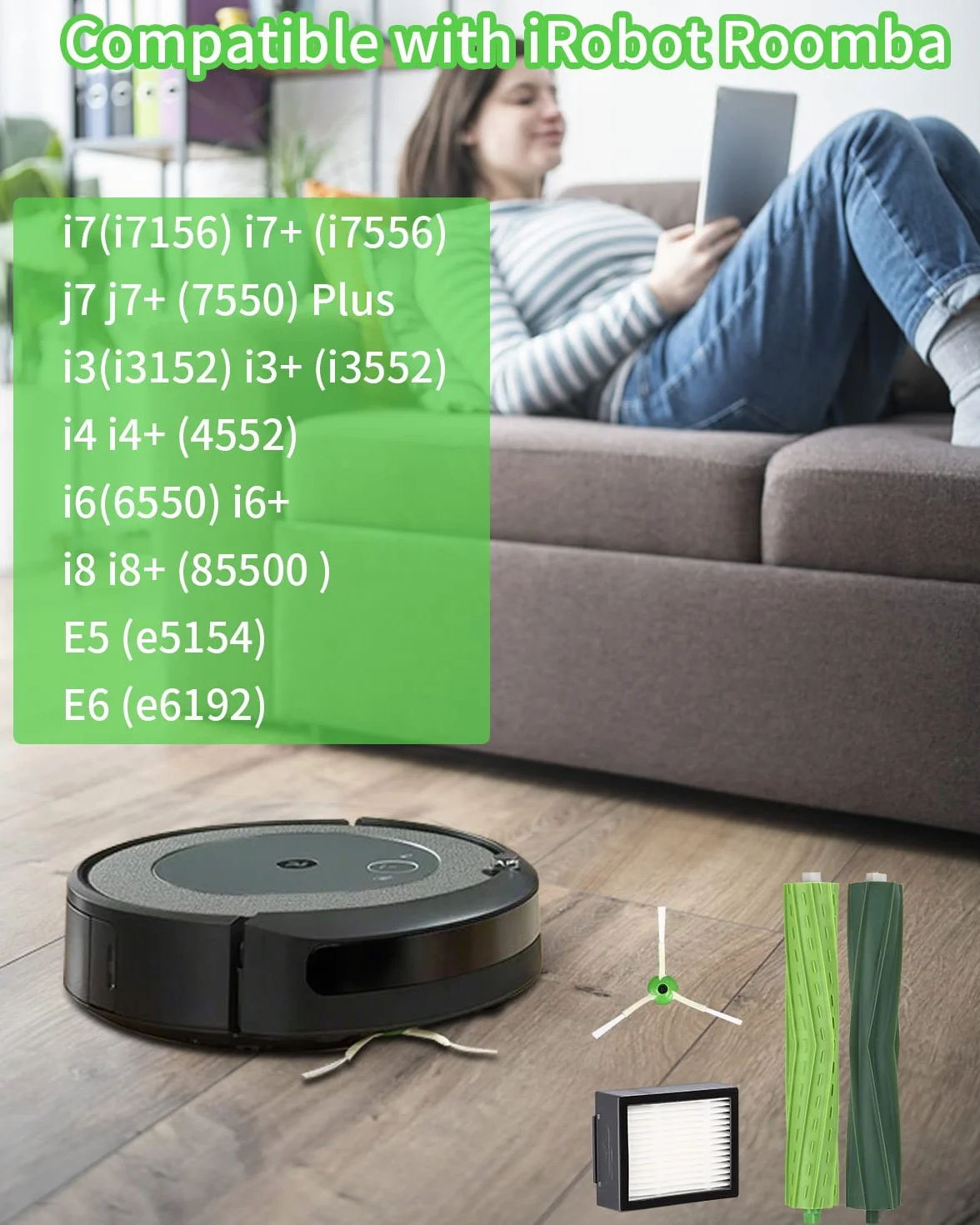 Części zamienne do szczotek do iRobot Roomba serii E i I E5 E6 i7 i7+ i3 i3+ i4 i4+ i6 i6+ j7 j7+ i8 i8+ 2 zestawy gumowych szczotek 6 filtrów 6 szczotek bocznych wymiana akcesoriów do robota odkurzającego do iRobot Roomba