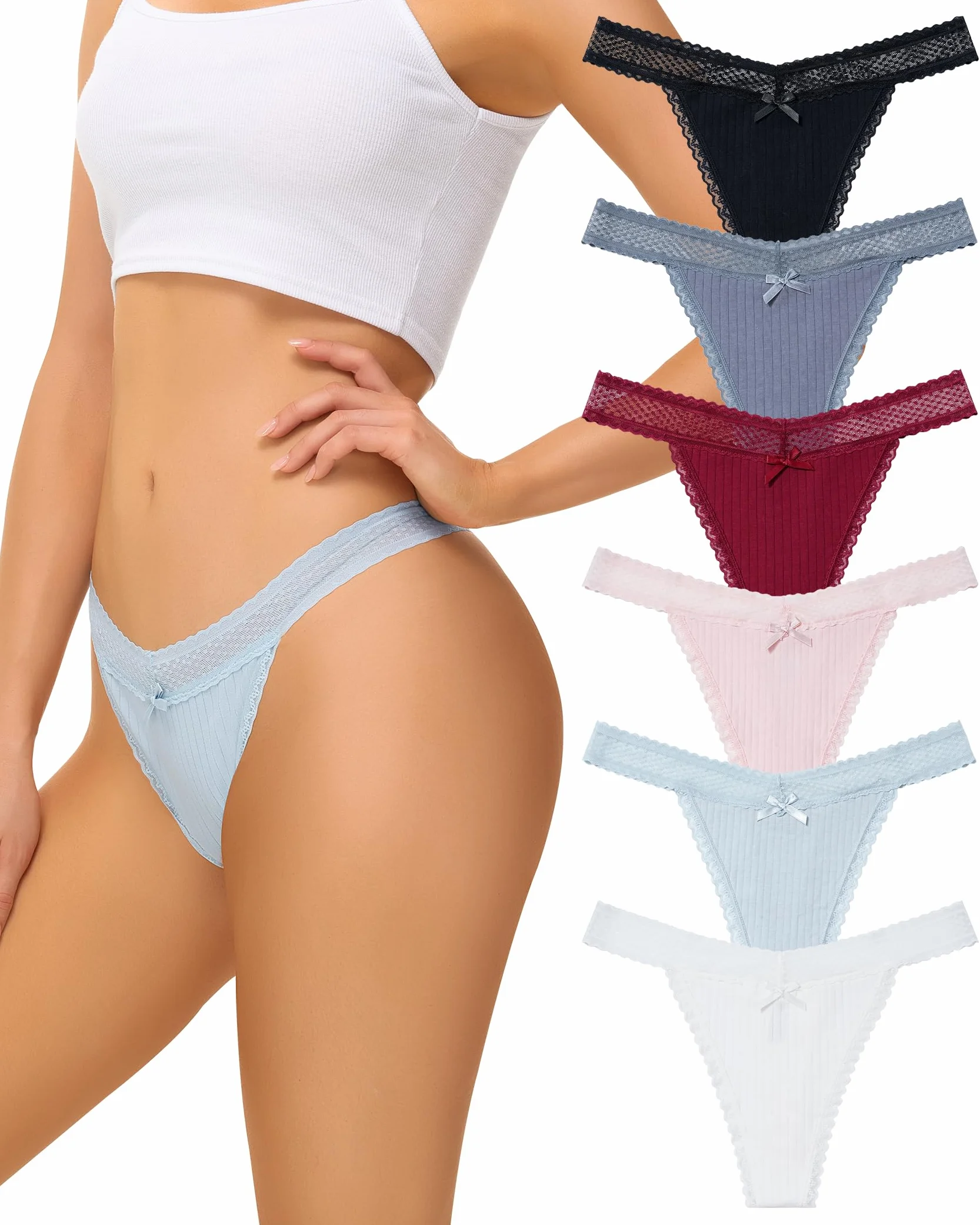 6 Damska Bielizna Koronkowe Stringi Bawełna Bielizna Kokarda Talia V Seksowna Bielizna Wygodna Bikini, Wielokolorowy, S