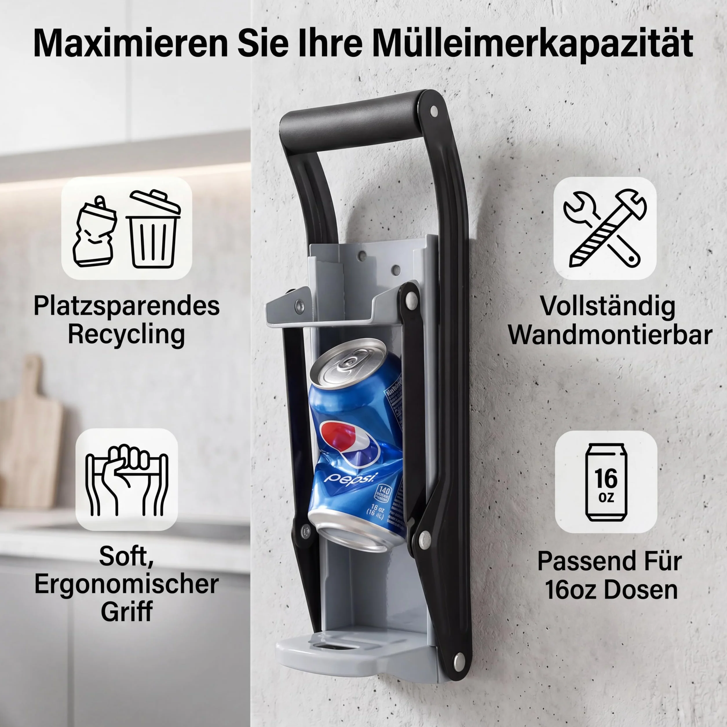 Kruszarka do puszek - 473 ml aluminiowa kruszarka do puszek do recyklingu, montowana na ścianie narzędzie do kruszenia do kuchni i na zewnątrz, antypoślizgowy uchwyt