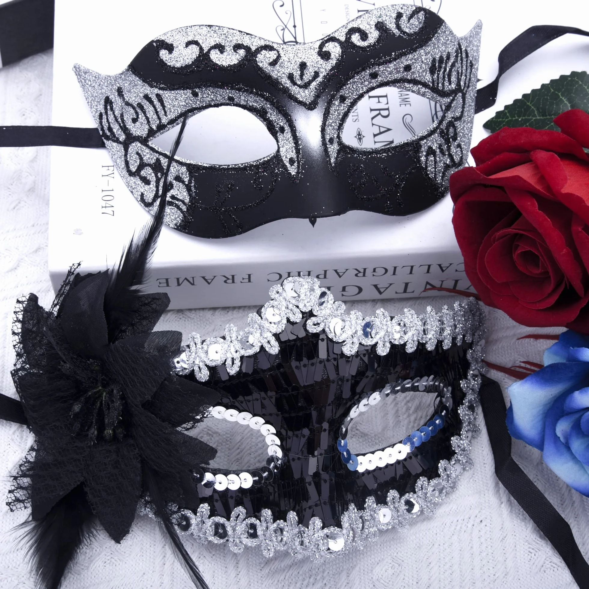 Maska wenecka maskarada czarna i srebrna na Halloween karnawał 2 sztuki