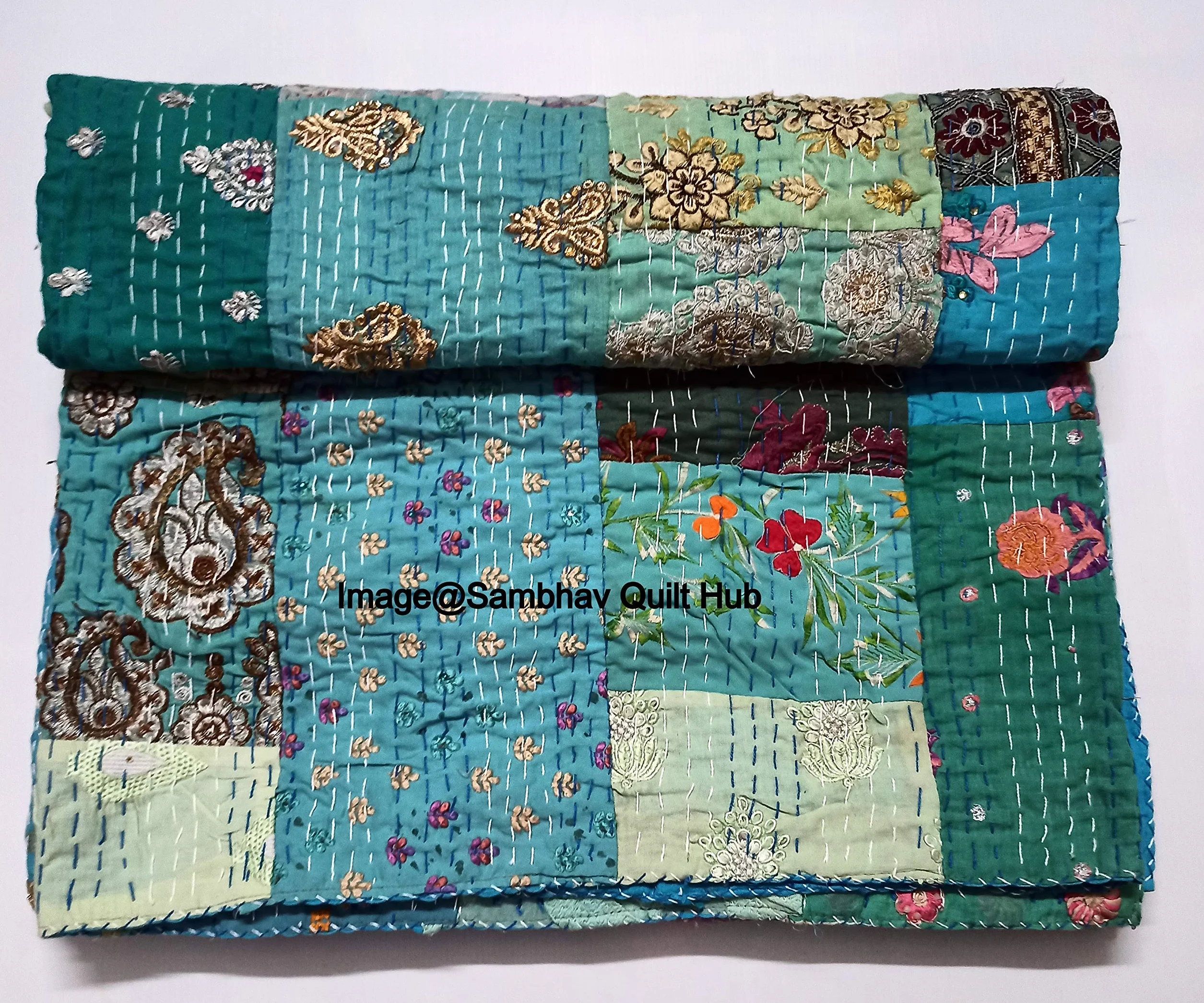 Turkusowa ręcznie robiona kołdra jedwabna vintage patchwork Khambhadiya Kantha dwustronna queen-size