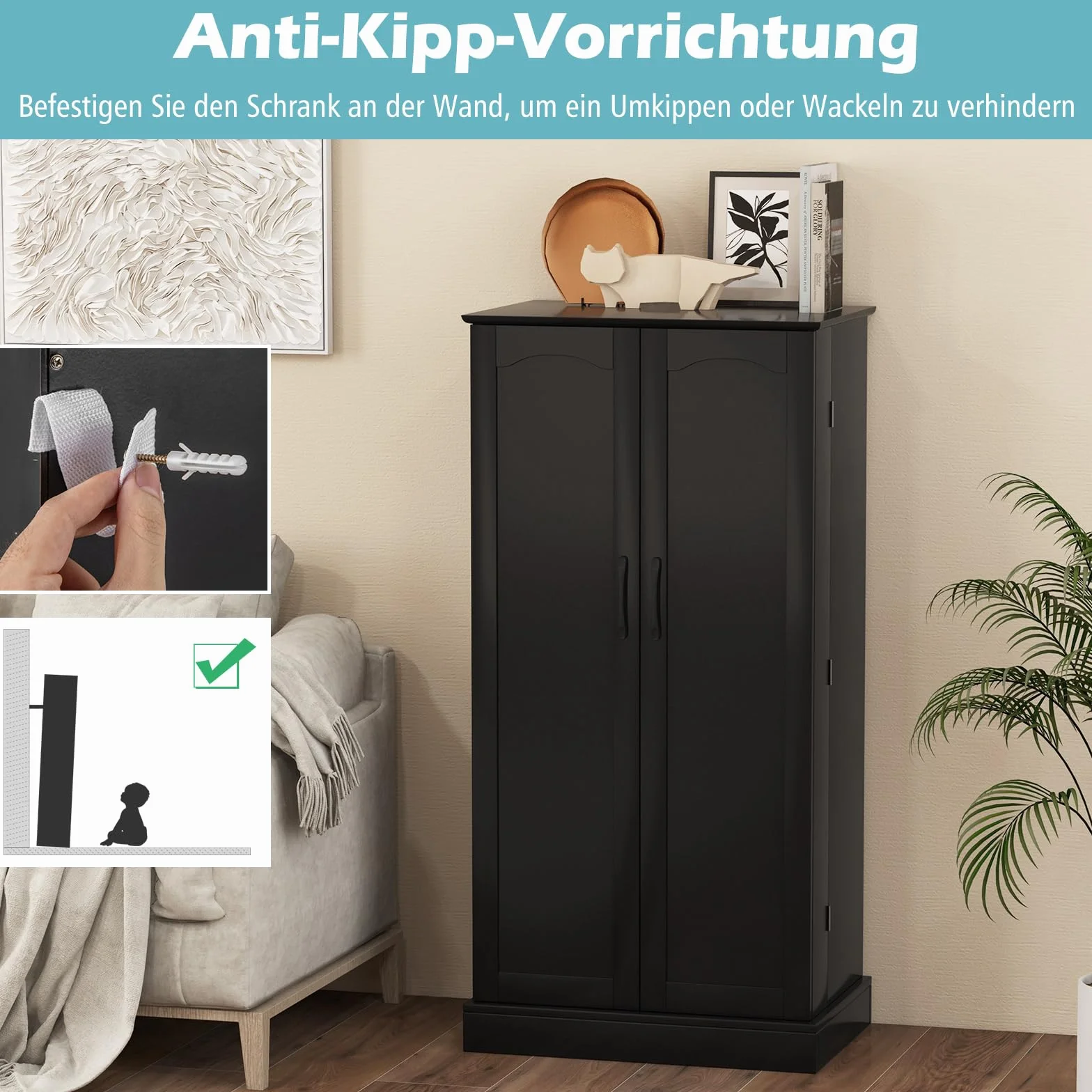 COSTWAY Szafka kuchenna z 2 drzwiami i 6 regulowanymi półkami 60x40x120 cm czarna