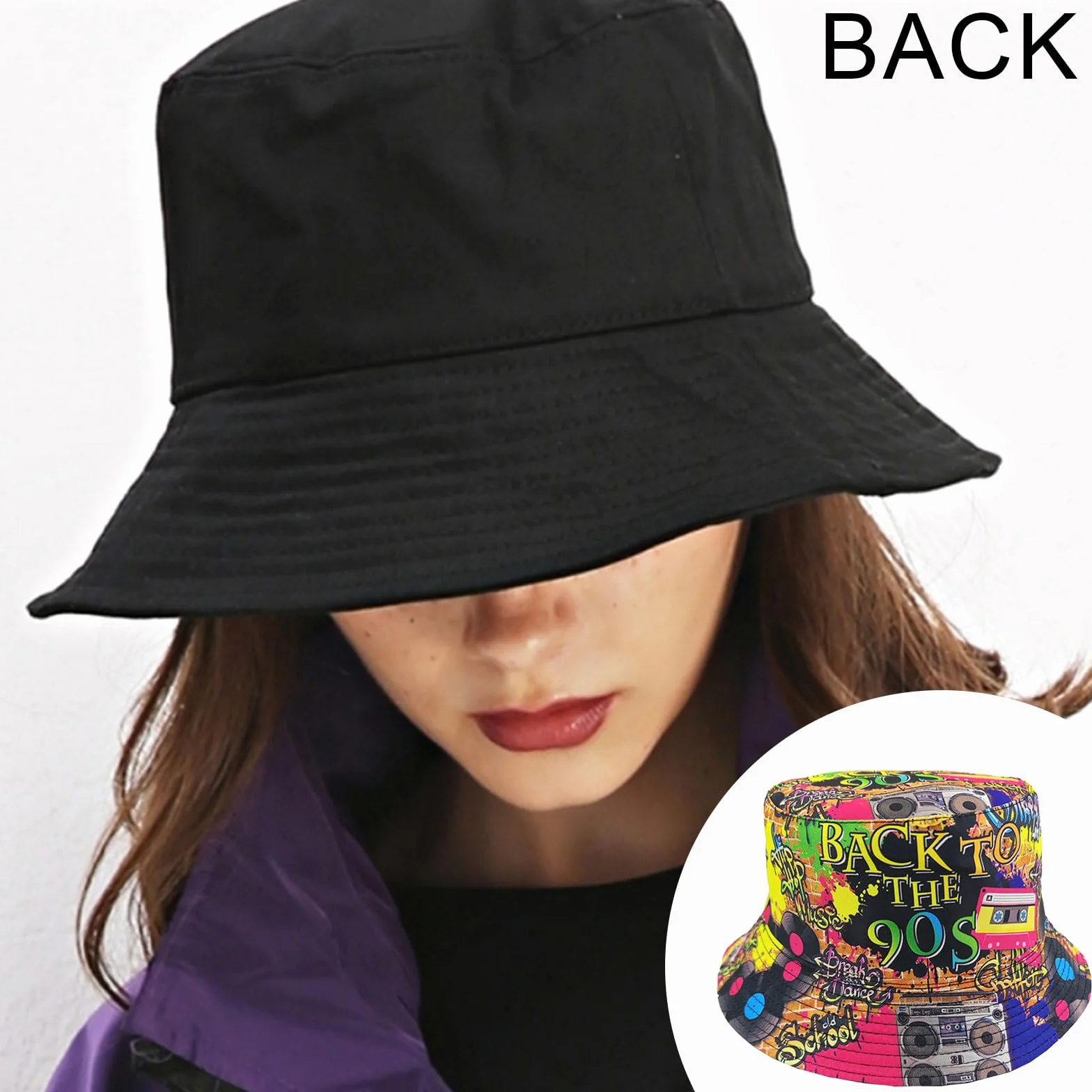SSKHE Dwustronny kapelusz typu bucket z lat 90., graffiti, styl artystyczny, dwustronny zabawny kapelusz typu bucket hat, hip-hop, rockowy, styl uliczny unisex