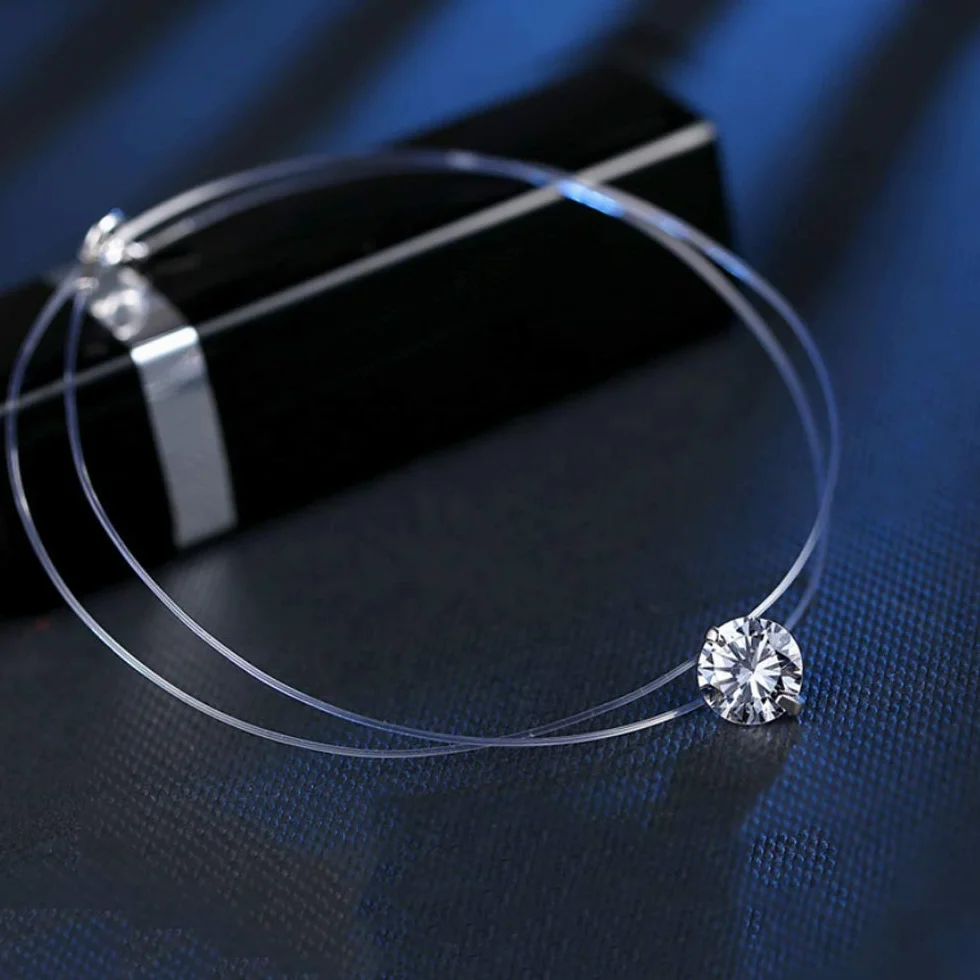 naszyjnik damski z „unoszącym się” kamieniem ze srebra wysokiej próby 925, 8 mm, cyrkonia, przezroczysty, nylonowy łańcuszek, choker, srebro wysokiej próby, cyrkonia,