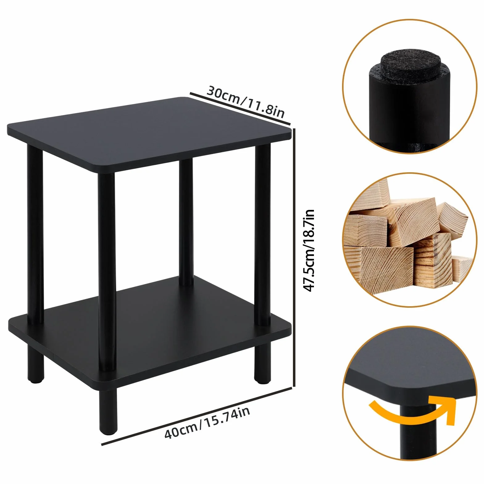 Drewniany stolik kawowy, 2-poziomowy stolik kawowy, stolik do telefonu z półkami do przechowywania, stolik nocny, na korytarz, sofę, sypialnię, salon, czarny, 40 x 30 x 47,5 cm