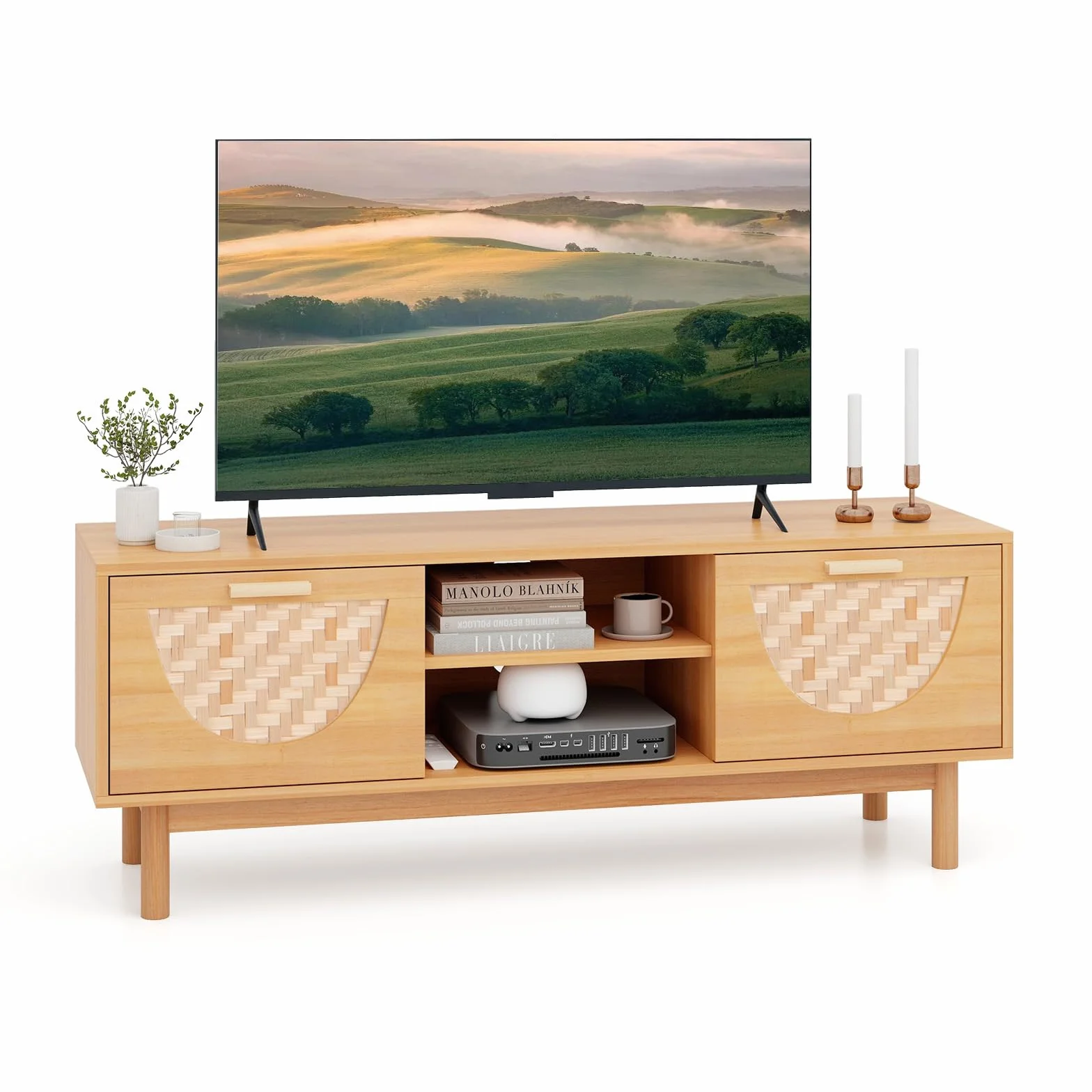 KOMFOTTEU Drewniana szafka pod telewizor do 55 cali, nogi z litego drewna, ławka TV z 2 szufladami i 2-poziomowa otwarta półka, stolik TV, styl boho, 120 x 35 x 45,5 cm, naturalna
