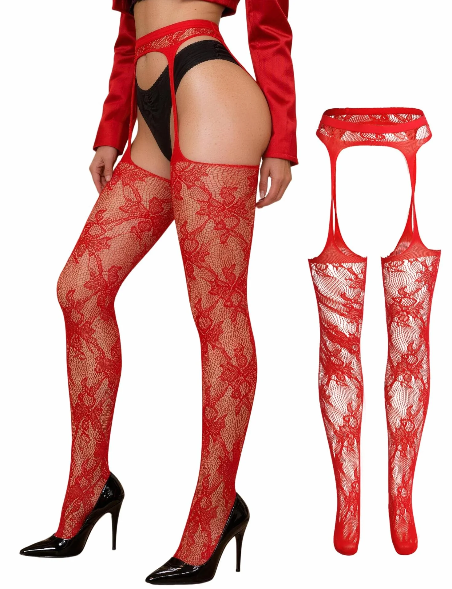 comeondear Damskie pończochy do pończoch XS-5XL, duże rozmiary, seksowne rajstopy ze wzorem, rajstopy typu fishnet Stockings Ouvert, pończochy siatkowe, podwiązki, bielizna erotyczna, pulchne kobiety
