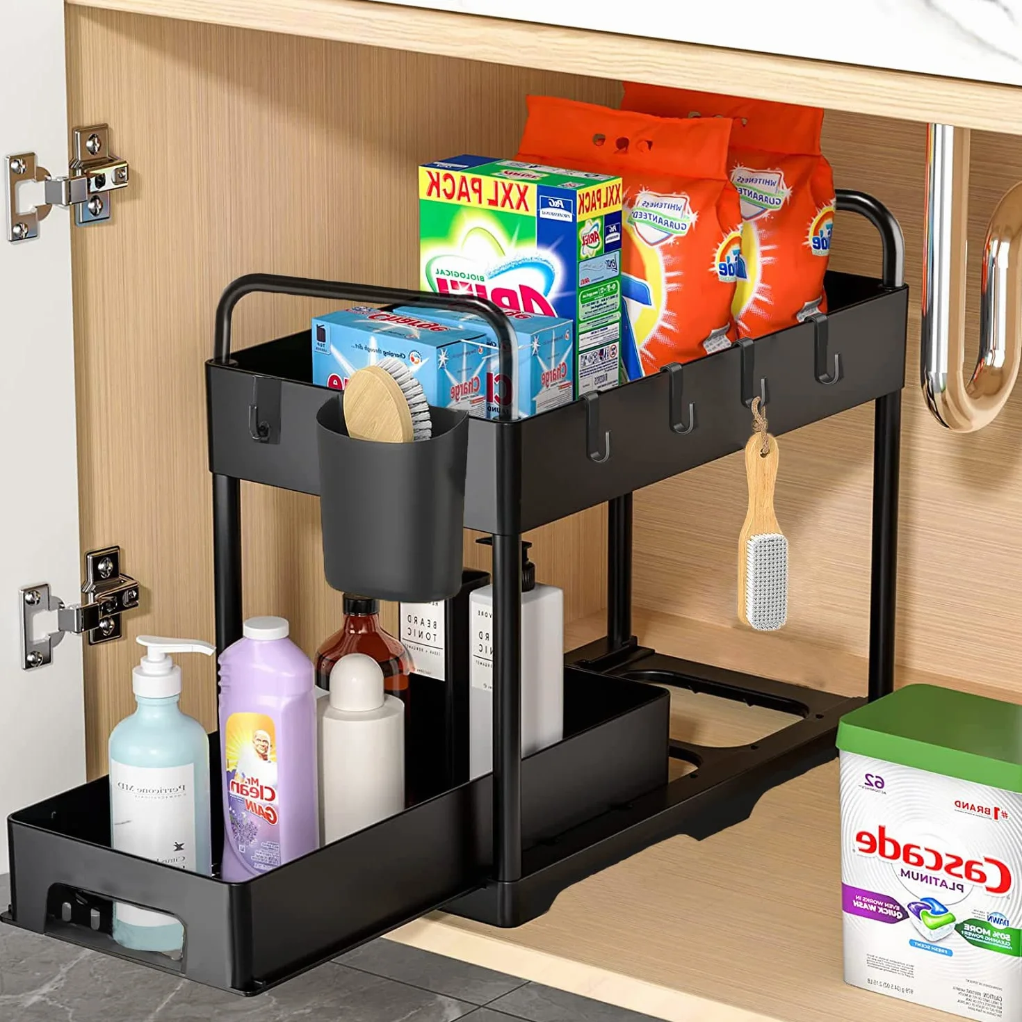 CompraFun Organizer pod zlewem 2 poziomy, przesuwany organizer pod zlew kuchenny z 4 haczykami i 2 wiszącym koszem, wyjmowana półka do przechowywania pod zlewem kuchnia, łazienka