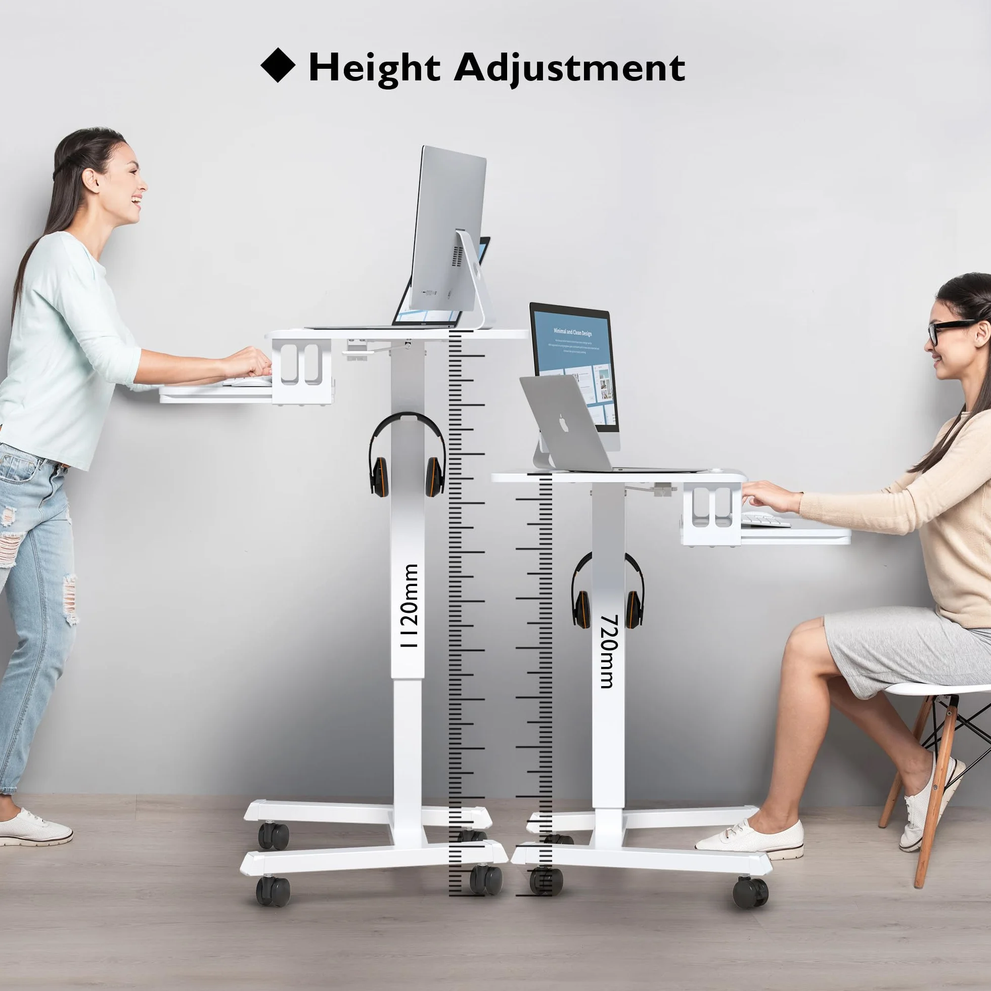 BONTEC Mobilne Biurko Stojące z Regulacją Wysokości 72-112 cm, 4 Kółka, Stacja Robocza na Laptopa z Półką na Klawiaturę, Ergonomiczne Biurko do Siedzenia i Stania, Do 15 kg, Do Biura i Domu