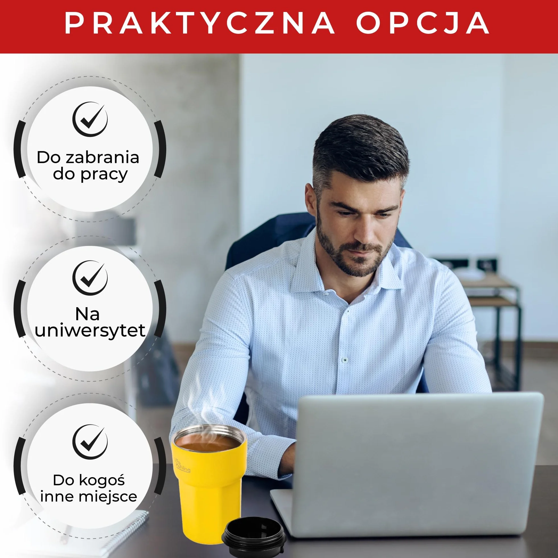 Otto Koning Termo kubek izolowany 350ML stalowy do kawy (Żółty)
