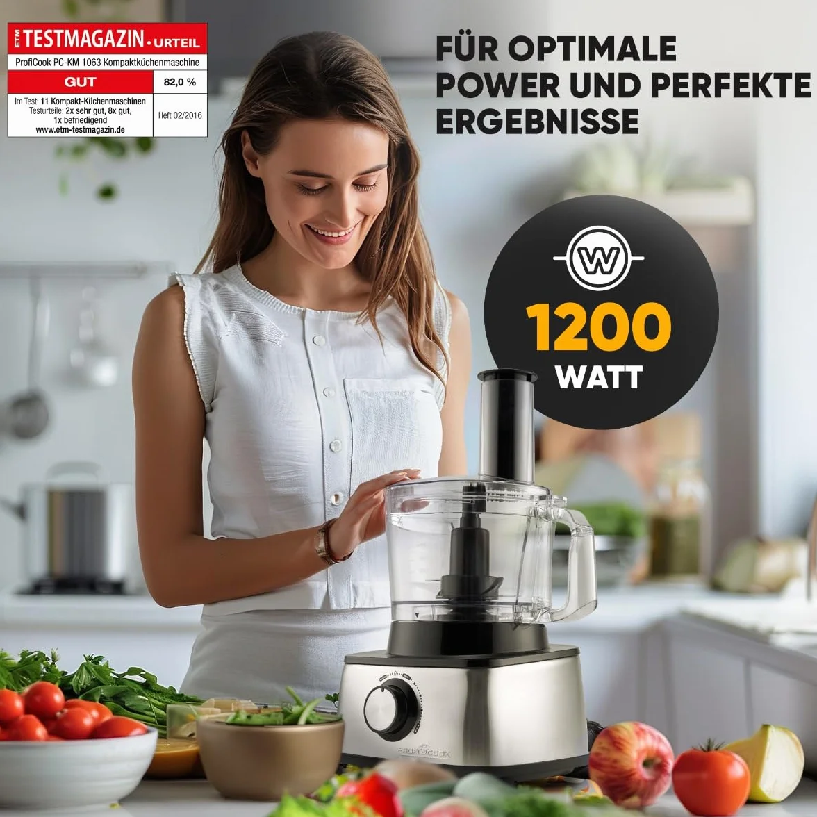 ProfiCook PC-KM 1063 Kompaktowy robot kuchenny z obudową ze stali nierdzewnej, 1,2 l, otworem do napełniania, 1200 W