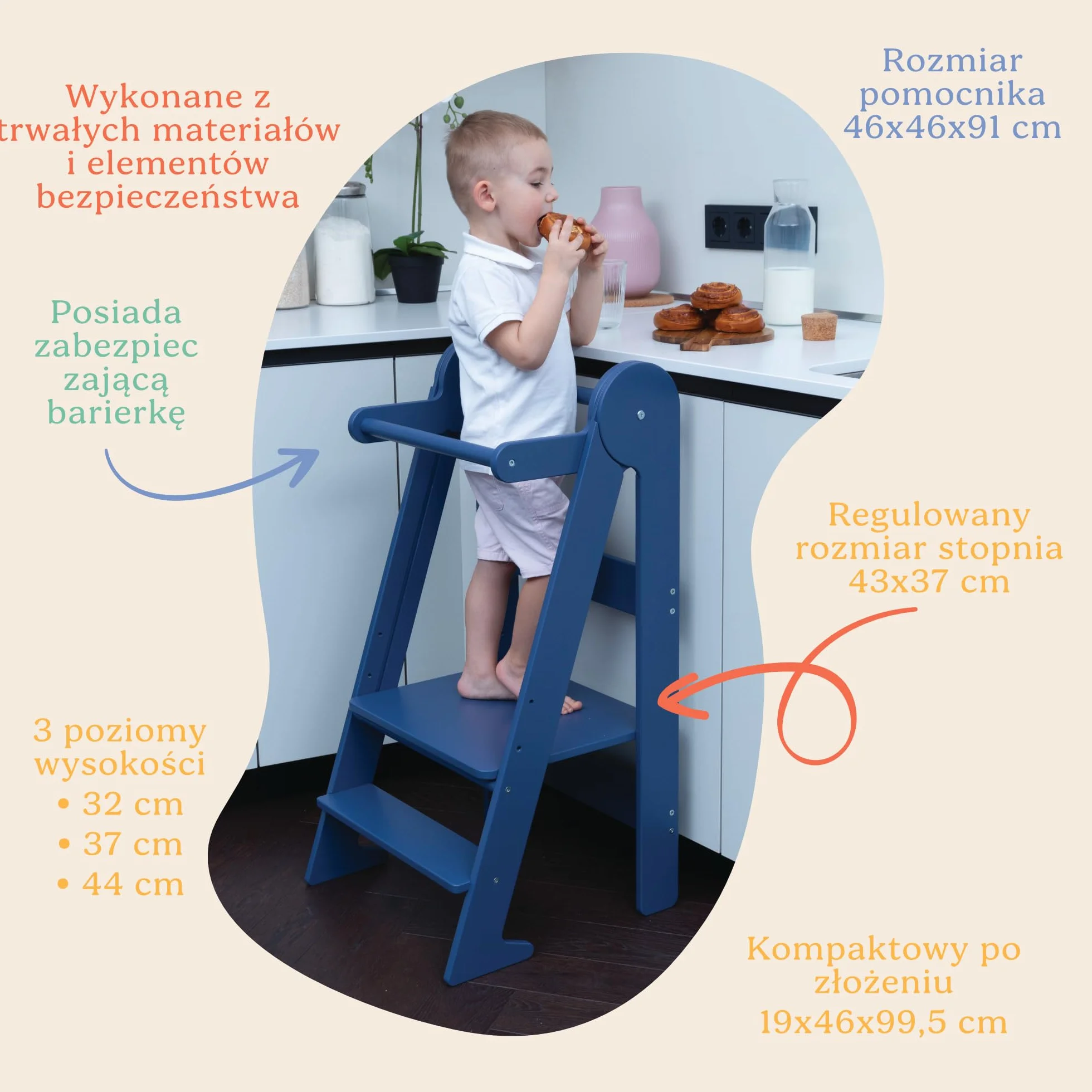 TOYBOX Wieża Edukacyjna Montessori Składany Pomocnik Kuchenny z Poręczą Naturalne Drewno