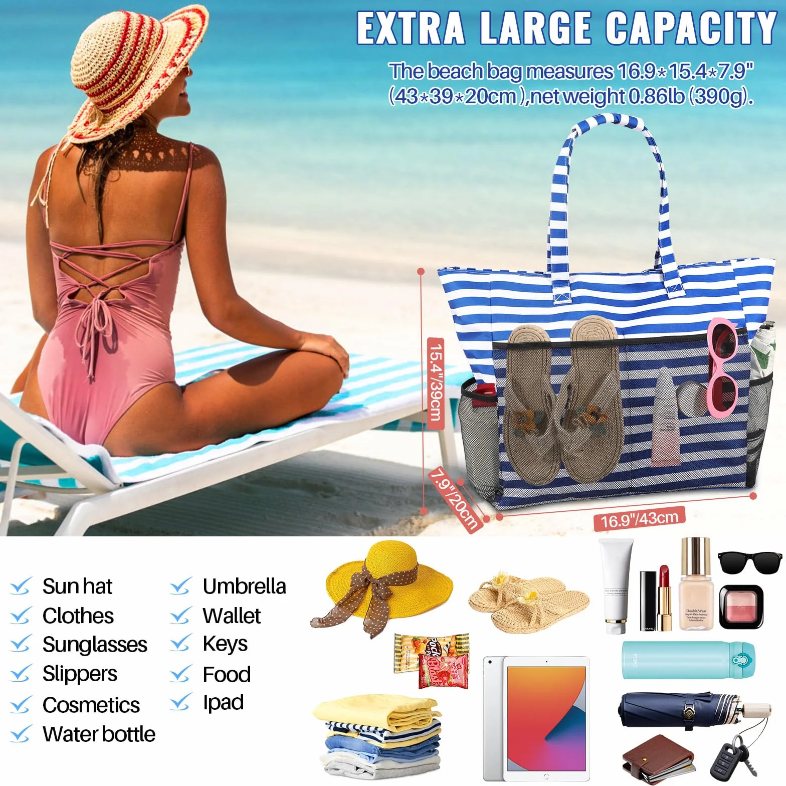 Soudittur Damska torba plażowa z zamkiem błyskawicznym, wodoszczelna, na plażę, do podróży, na basen, do studia fitness