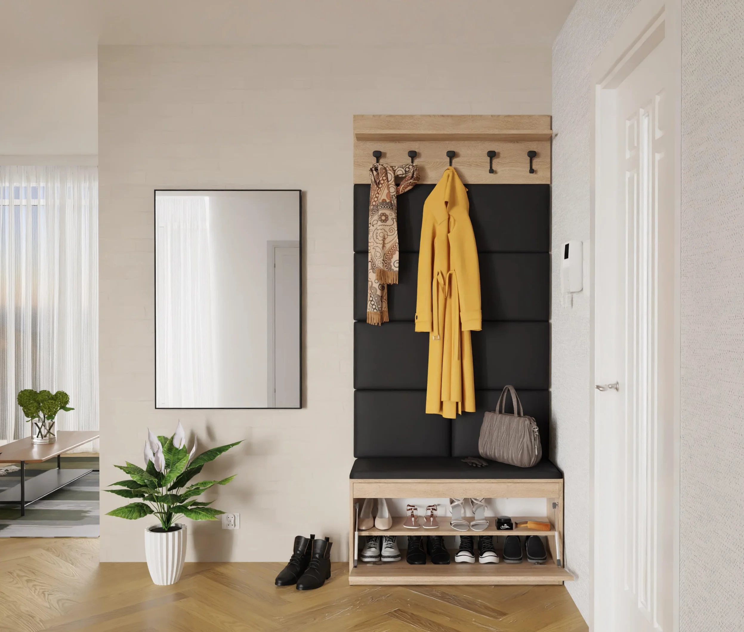 PLATAN ROOM Garderoba ścienna z panelem garderobianym, szafką na buty i szafką wiszącą, 100 cm, garderoba do przedpokoju, zestaw garderobiany na korytarz, dąb dębowy, białe drewno (3-częściowy z 8