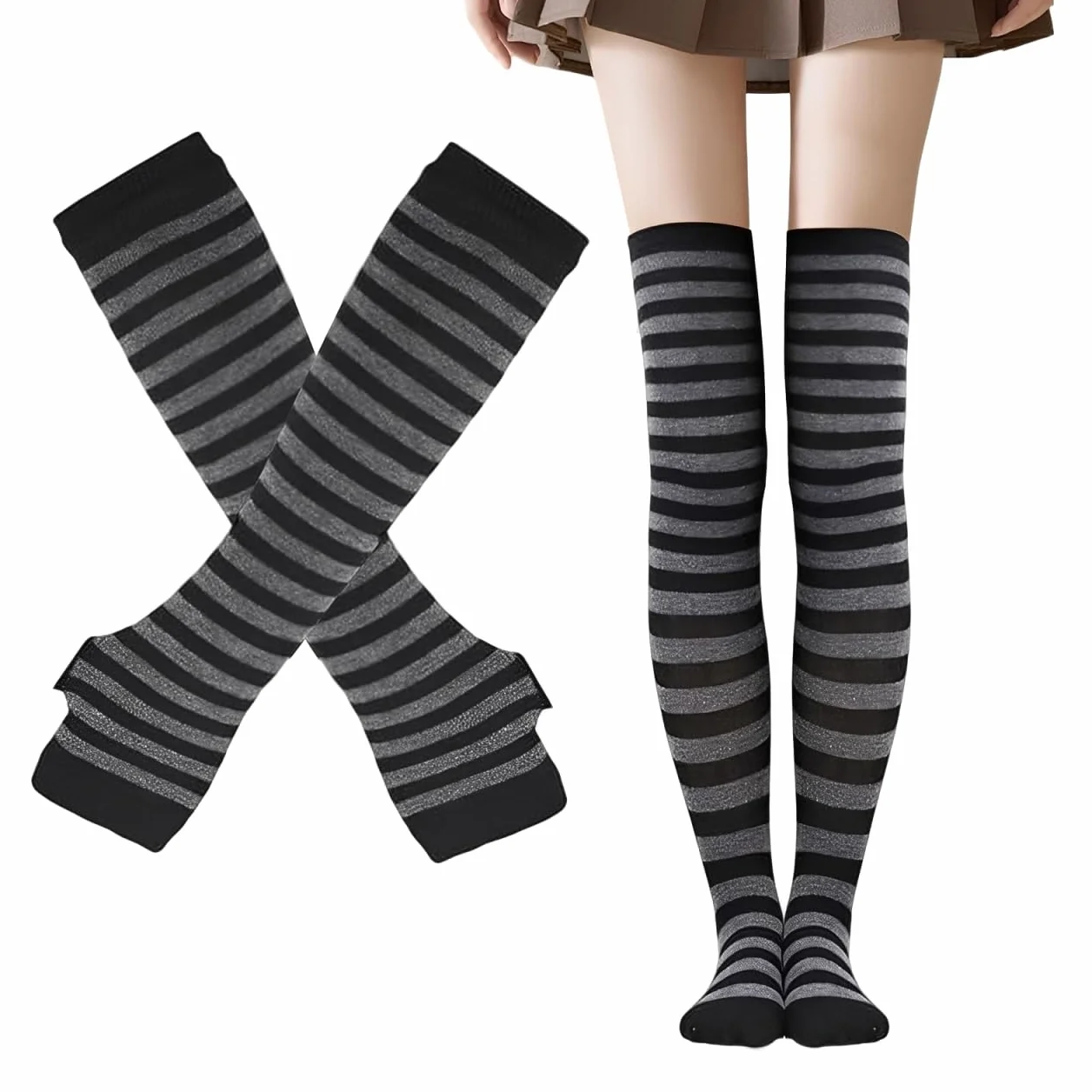 Damskie podkolanówki w paski, Thigh Highs, długie rękawiczki z dzianiny, zestaw skarpet na imprezę, kostium