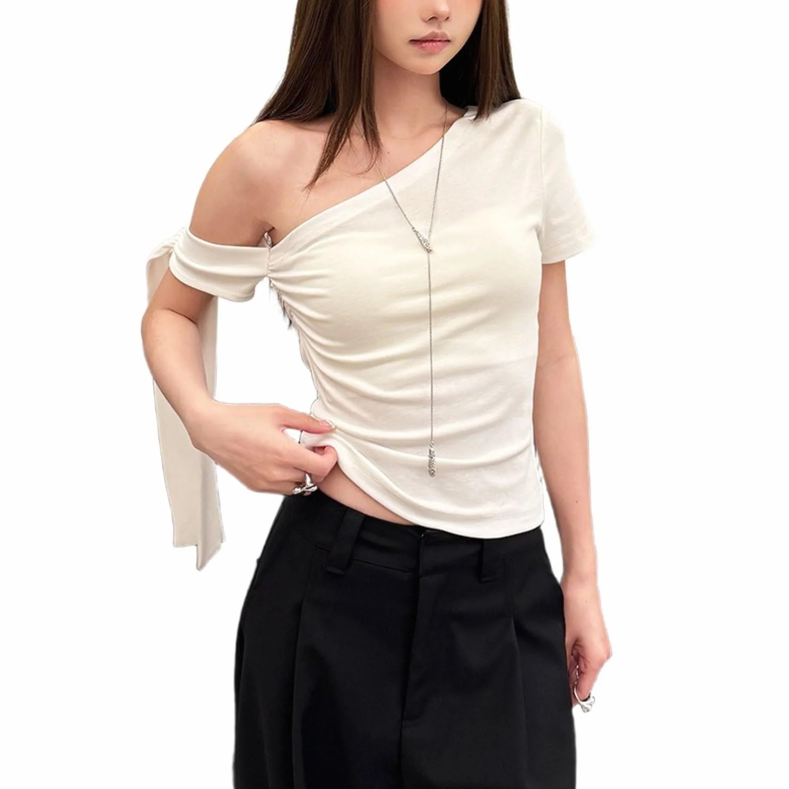 Kobieca asymetryczna bluzka z odkrytym ramieniem krótka slim fit topy w stylu Y2k odzież na imprezy i do klubów