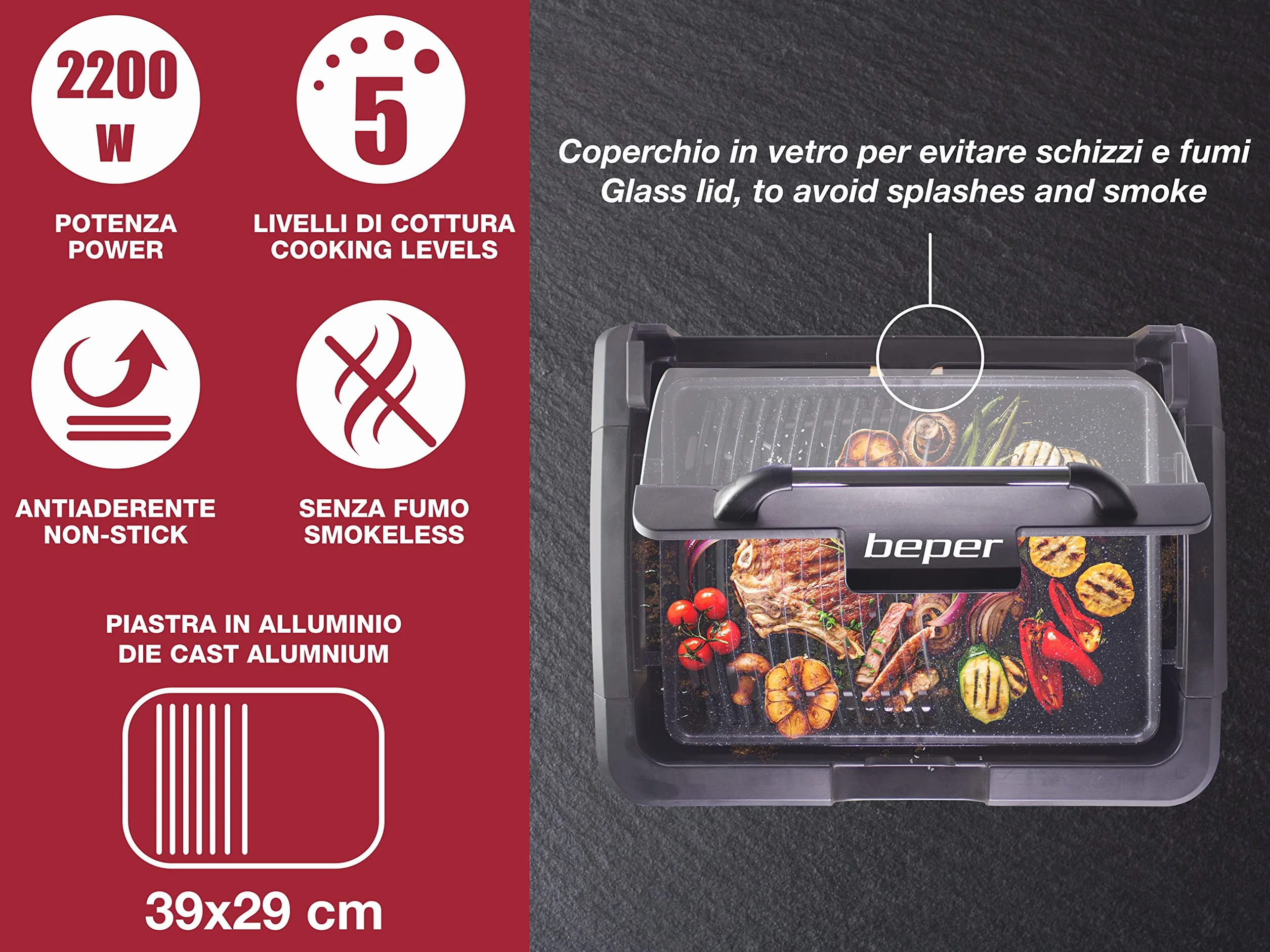 Beper Grill elektryczny ze zdejmowaną szklaną pokrywką