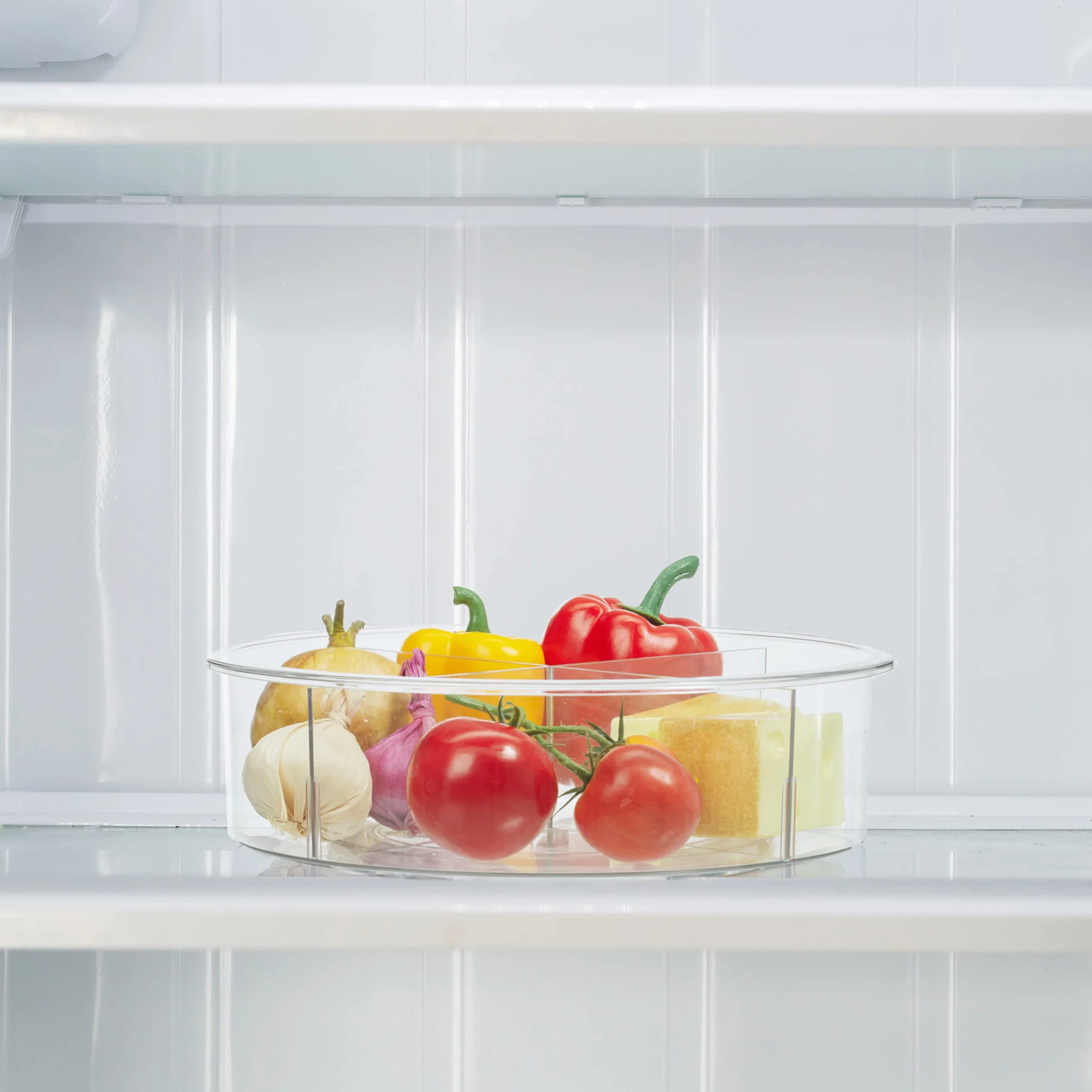 Relaxdays Talerz obrotowy, średnica 30 cm, system porządkowania do kuchni i łazienki, 4 przegródki, obrotowy organizer na lodówkę, przezroczysty