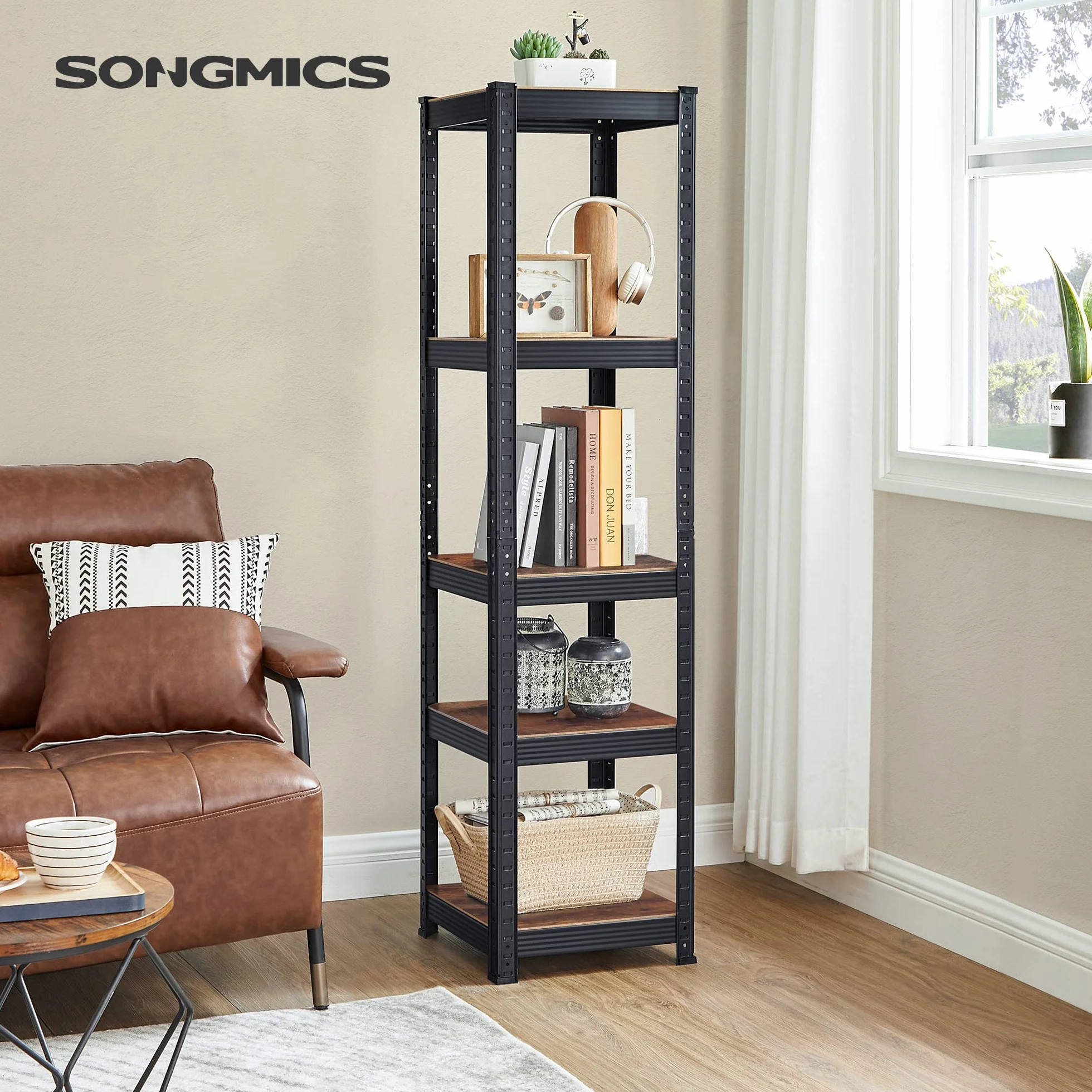 SONGMICS 5-poziomowy regał do przechowywania, 37 x 37 x 150 cm, pojemność 400 kg, regulowane deski, styl industrialny, do kuchni, salonu, rustykalny brąz i czarny GLR037B01