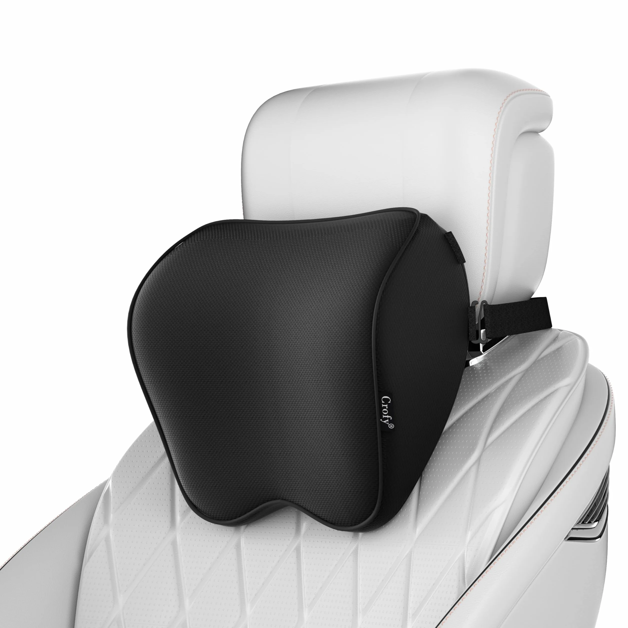 Crofy Zestaw 2 poduszek pod szyję do samochodu – Miękki zagłówek samochodowy z regulowanym paskiem, 100% pianka memory, oddychający zdejmowany pokrowiec, ergonomiczny design