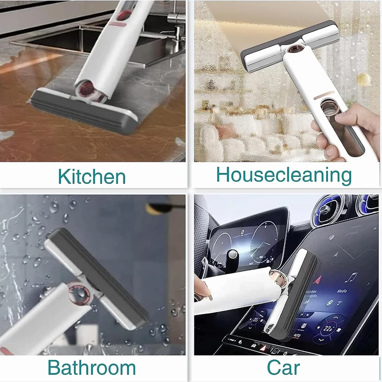 Mini mop, minimop do czyszczenia biurka, z dwiema głowicami z gąbki, mop z funkcją wykręcania, do kuchni, blatu stołu, szczotki, narzędzia do czyszczenia, biały