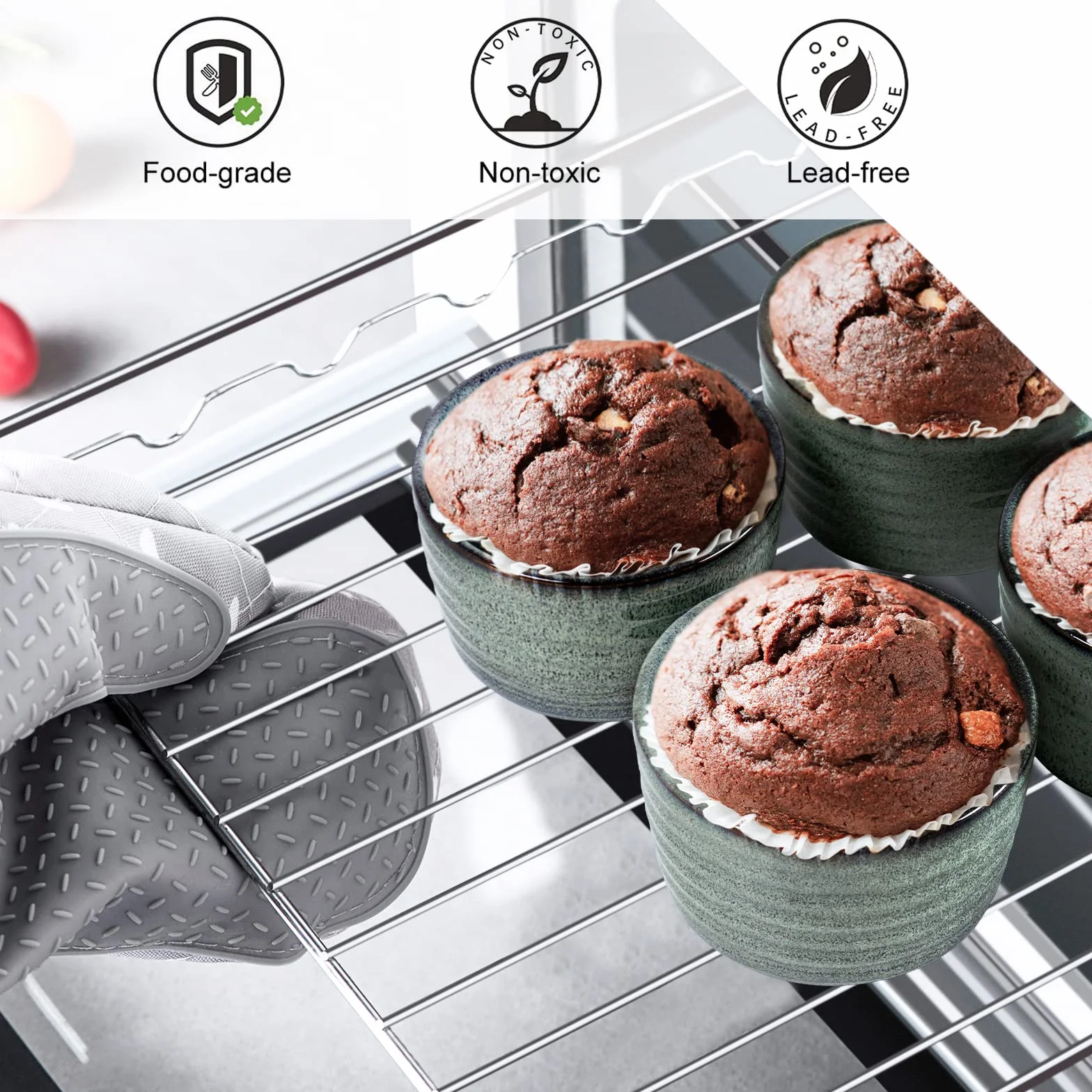 Foremki do ciasta Ramekin 4 x 240 ml Porcelana Szara Zielony do sufletu i muffinek