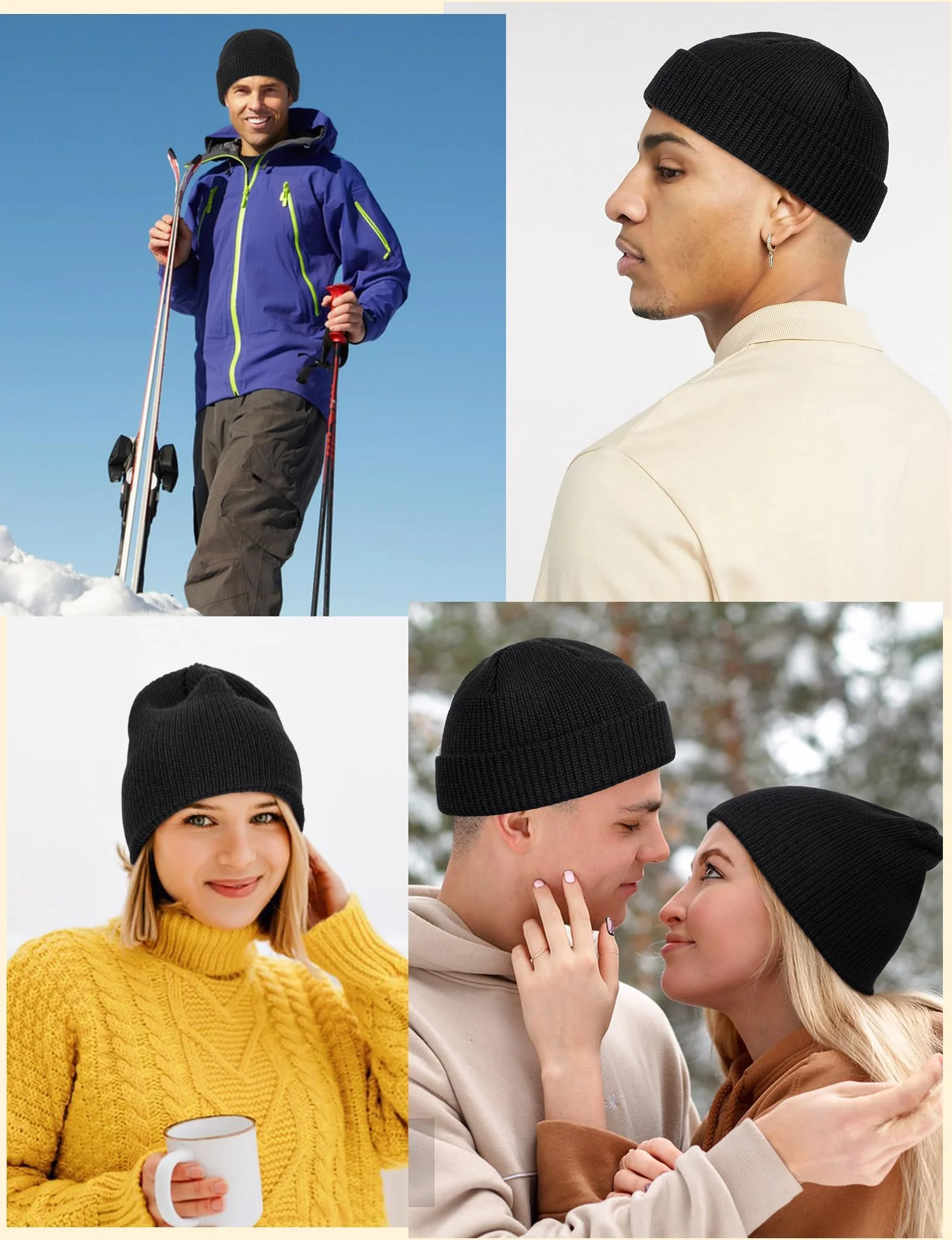 Kiiwah Dzianinowa czapka beanie unisex, składana czapka rybacka mini trawler beanie ciepła oddychająca styl na co dzień dla mężczyzn i kobiet (czarna), Czarny, Rozmiar uniwersalny