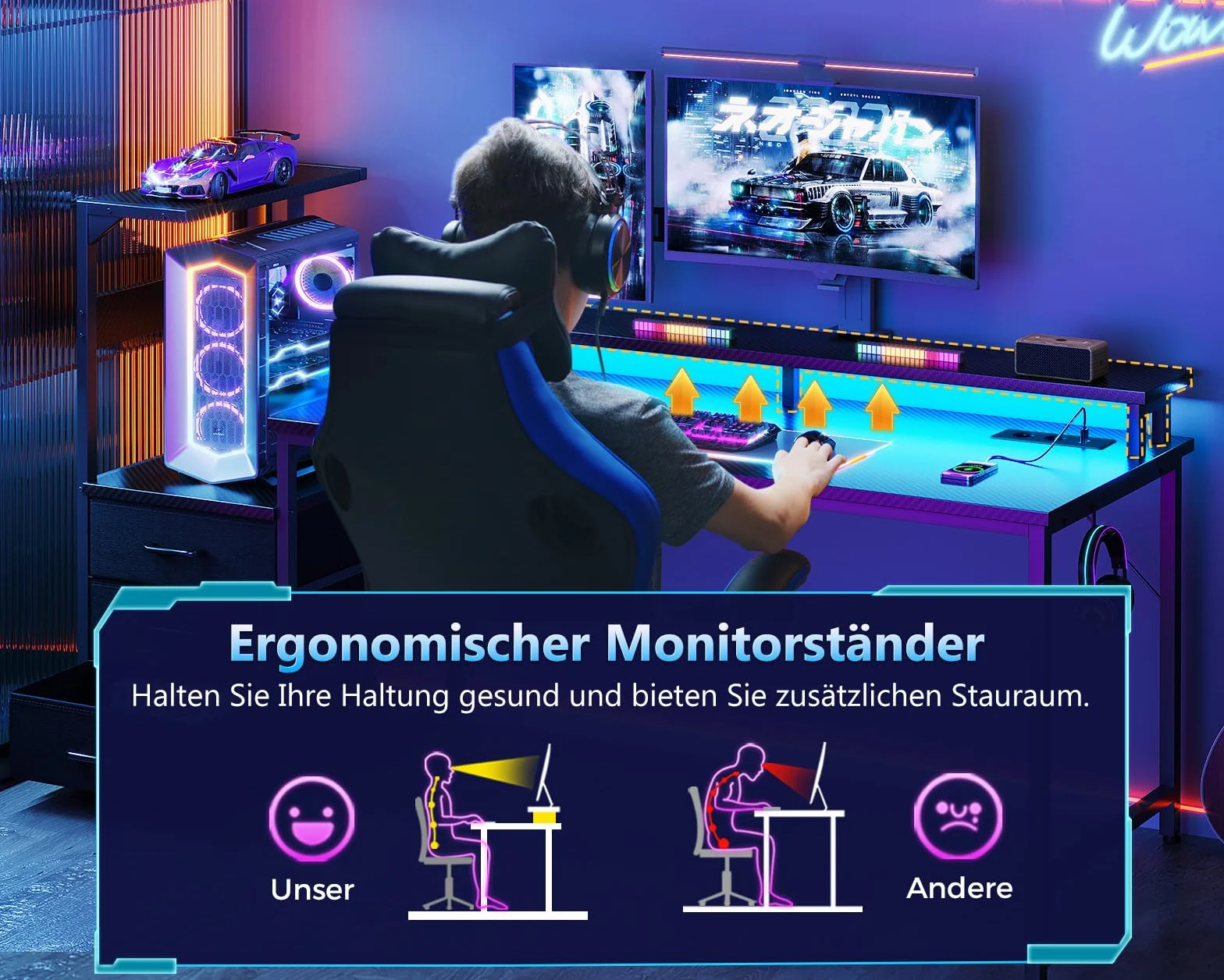 Coleshome Biurko Gamingowe LED 151 cm z Gniazdkiem i Szufladami, Stojak na Monitor, Włókno Węglowe Czarne