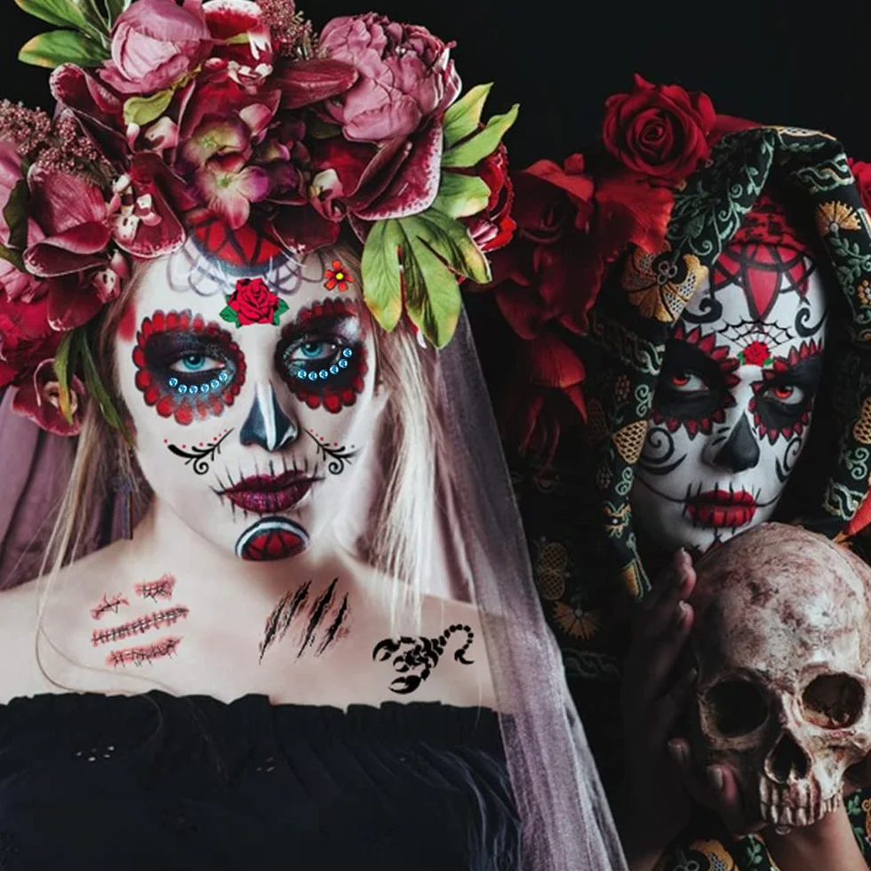 Halloween Naklejka i Tatuaż Twarzy - Tymczasowe Tatuaże z Trupią Czaszką, Kwiatowe, Błyszczące Kamyczki na Usta - Na Karnawał, Maskaradę