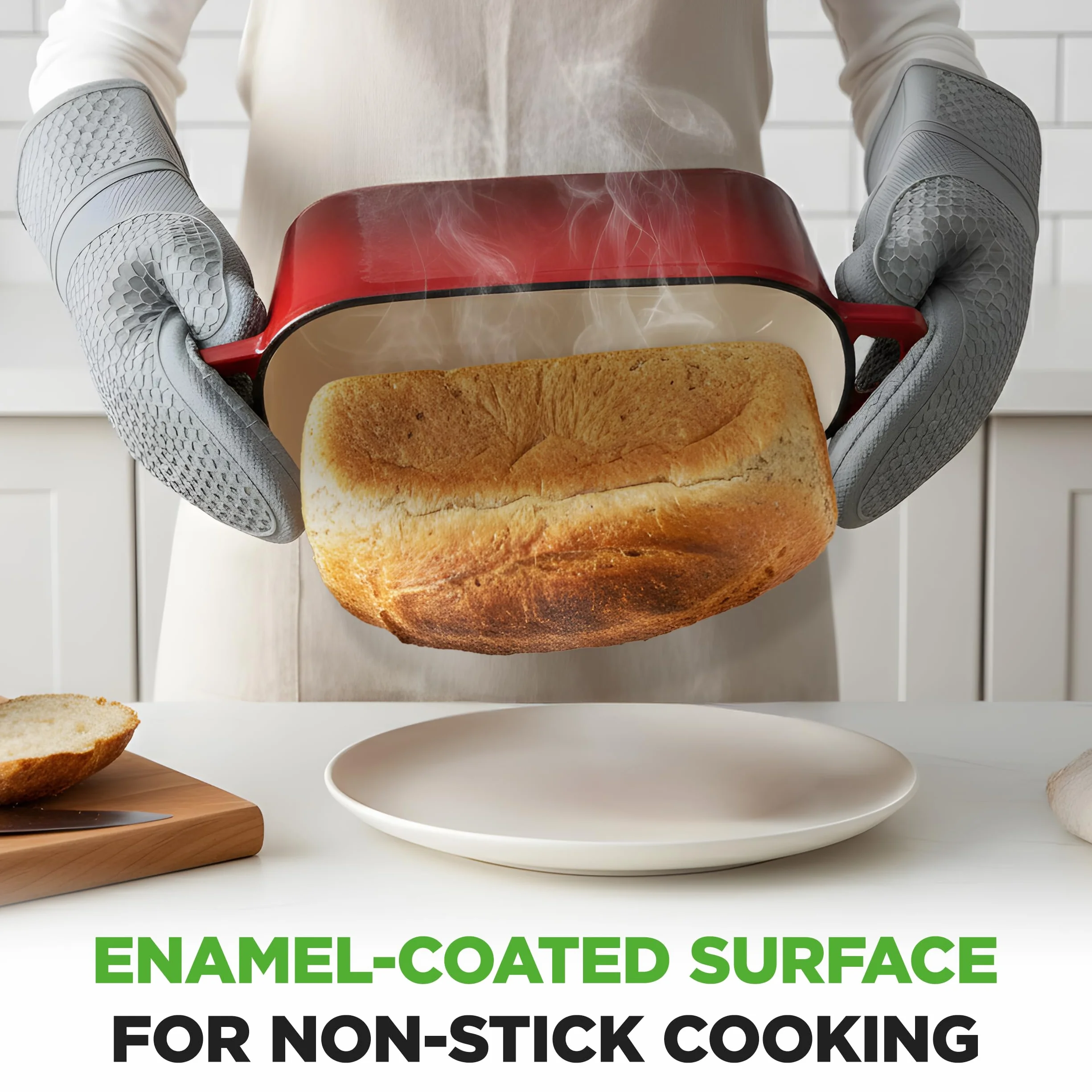 NutriChef 10" emaliowana żeliwna forma do chleba z pokrywką, owalna forma typu Dutch oven z silikonowymi rękawicami, odporna na temperaturę do 260°C, do pieczenia, pieczenia mięs, duszenia, czerwona